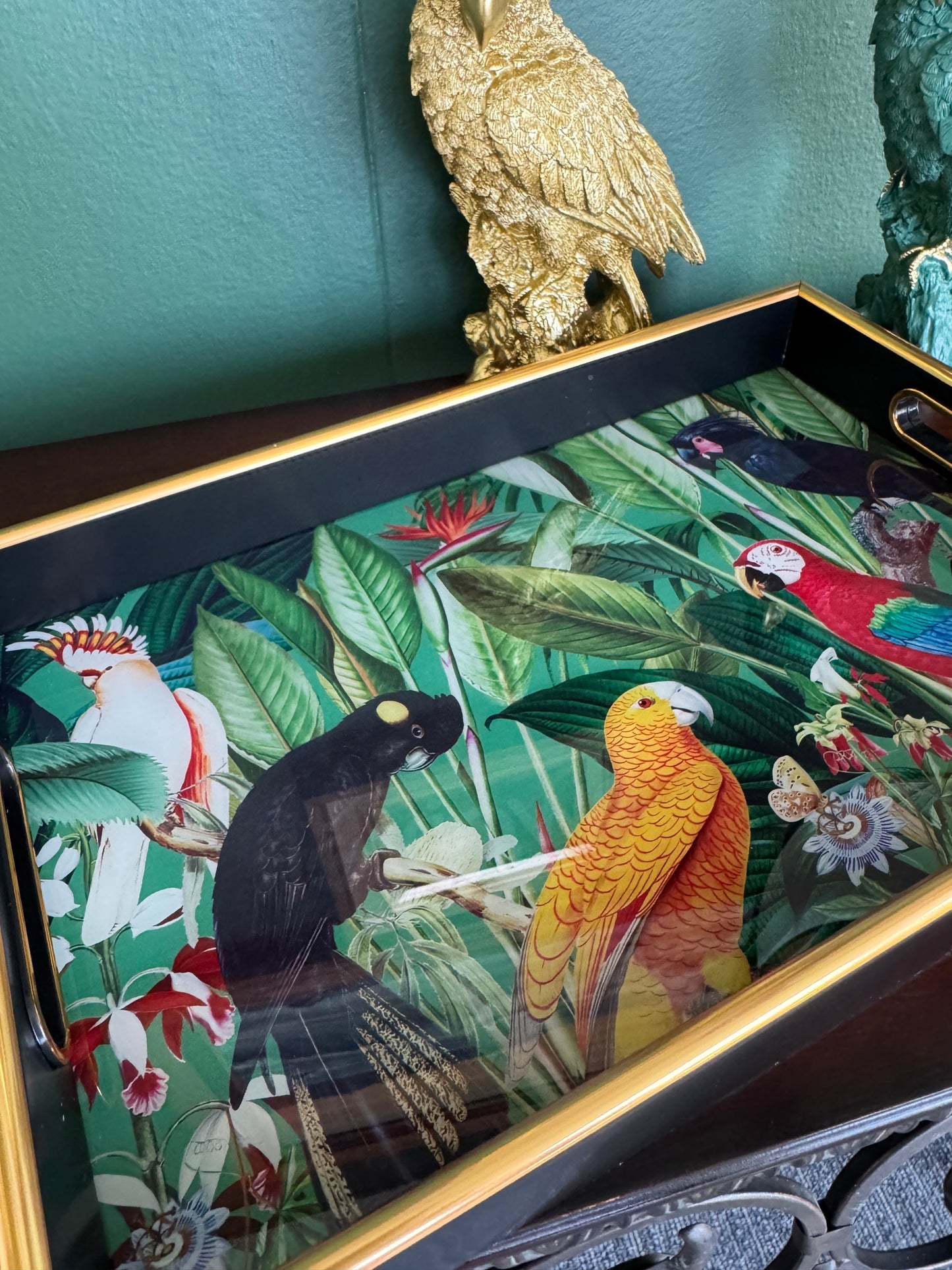Tropical Parrot Bird Decorative Serving Tray Gold Black 15” x 10”