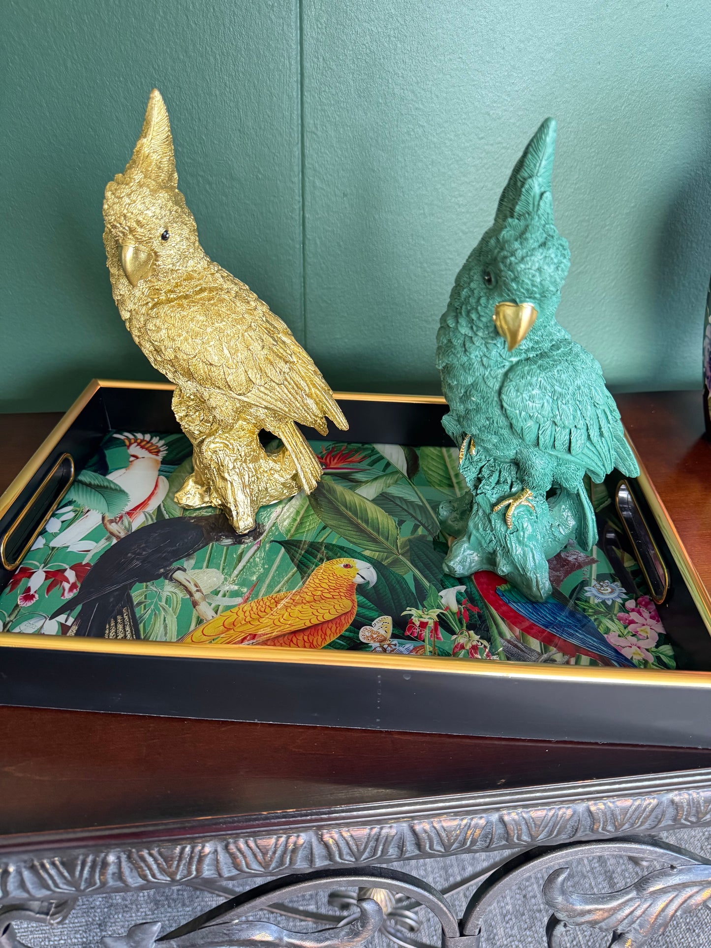 Tropical Parrot Bird Decorative Serving Tray Gold Black 15” x 10”