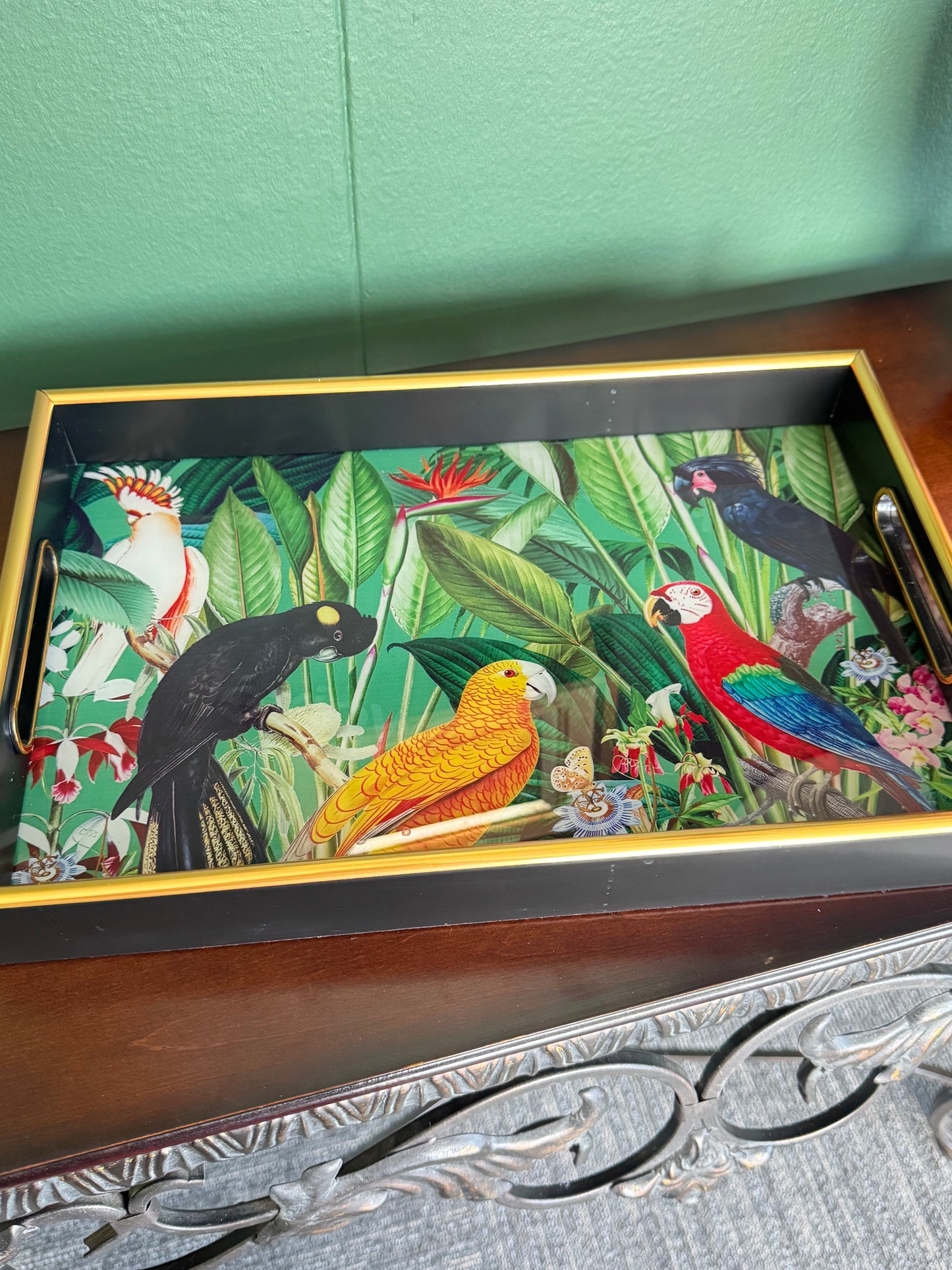 Tropical Parrot Bird Decorative Serving Tray Gold Black 15” x 10”