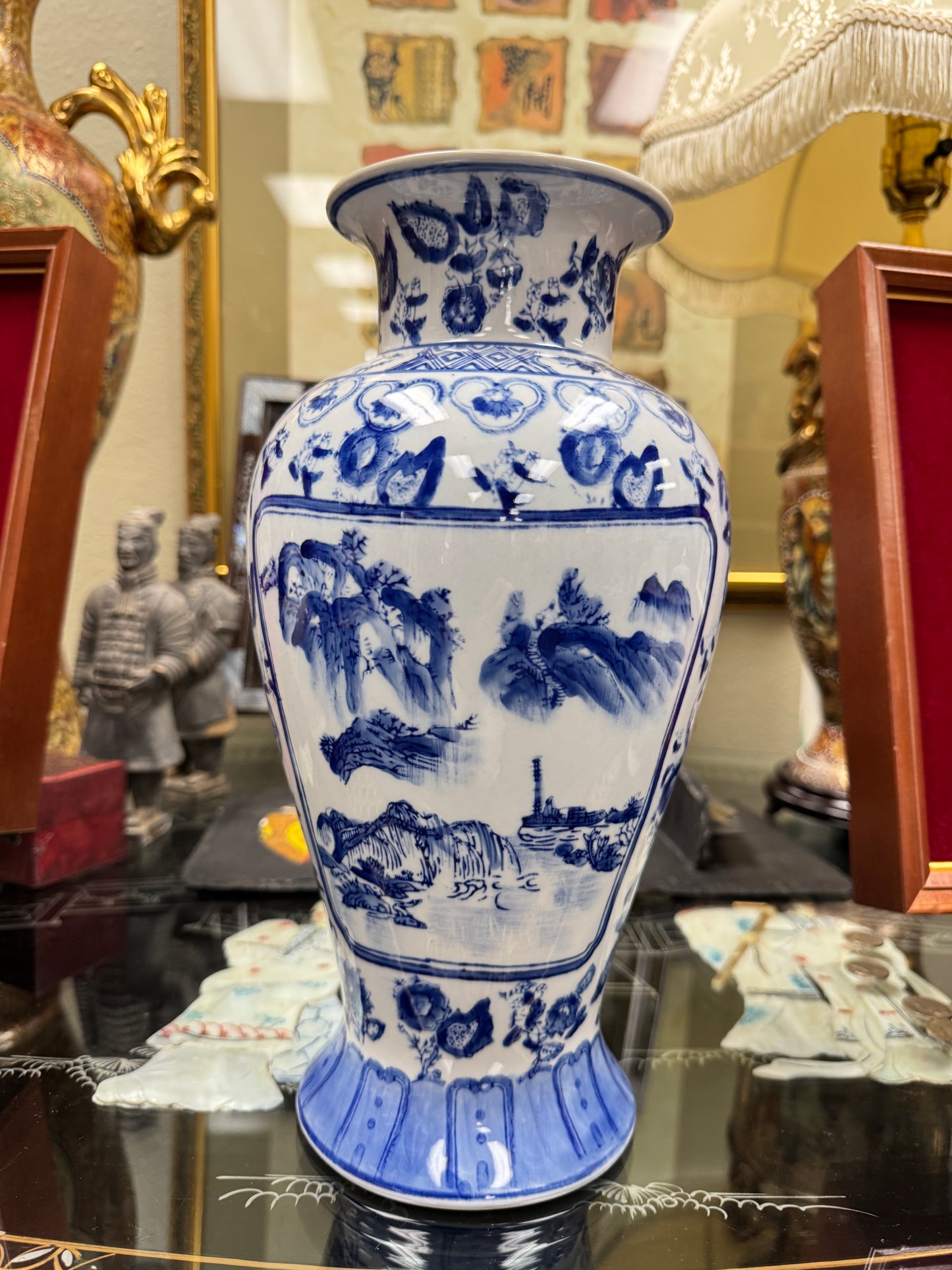 Blue & White Ceramic Landscape Vase – Chinoiserie Style Decorative Vase, Classic Asian