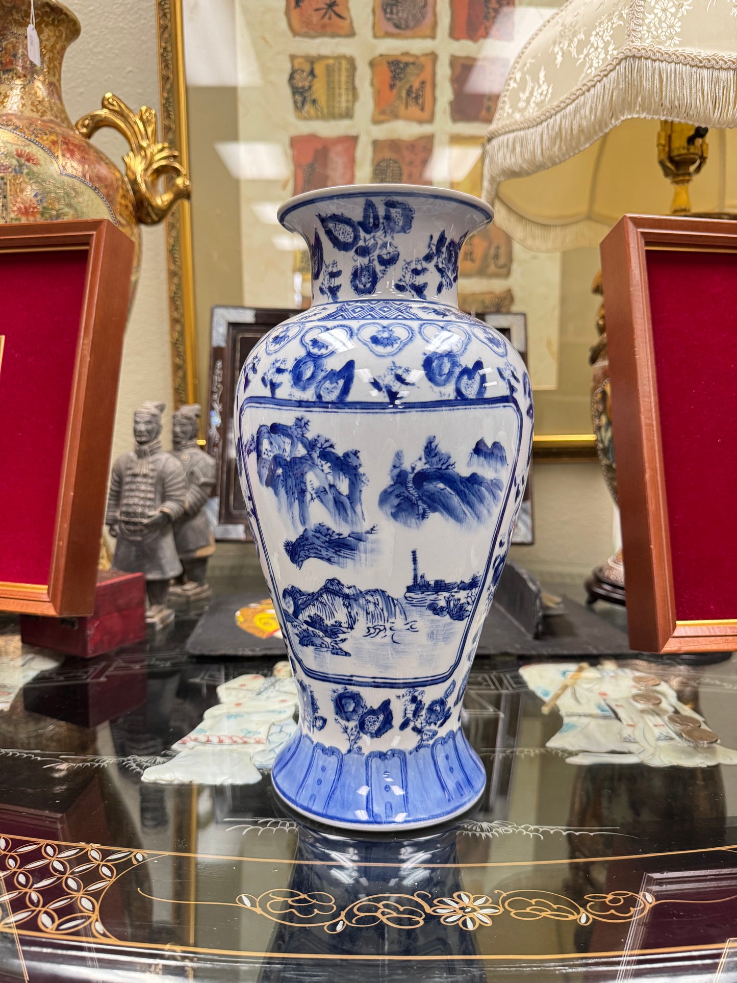 Blue & White Ceramic Landscape Vase – Chinoiserie Style Decorative Vase, Classic Asian