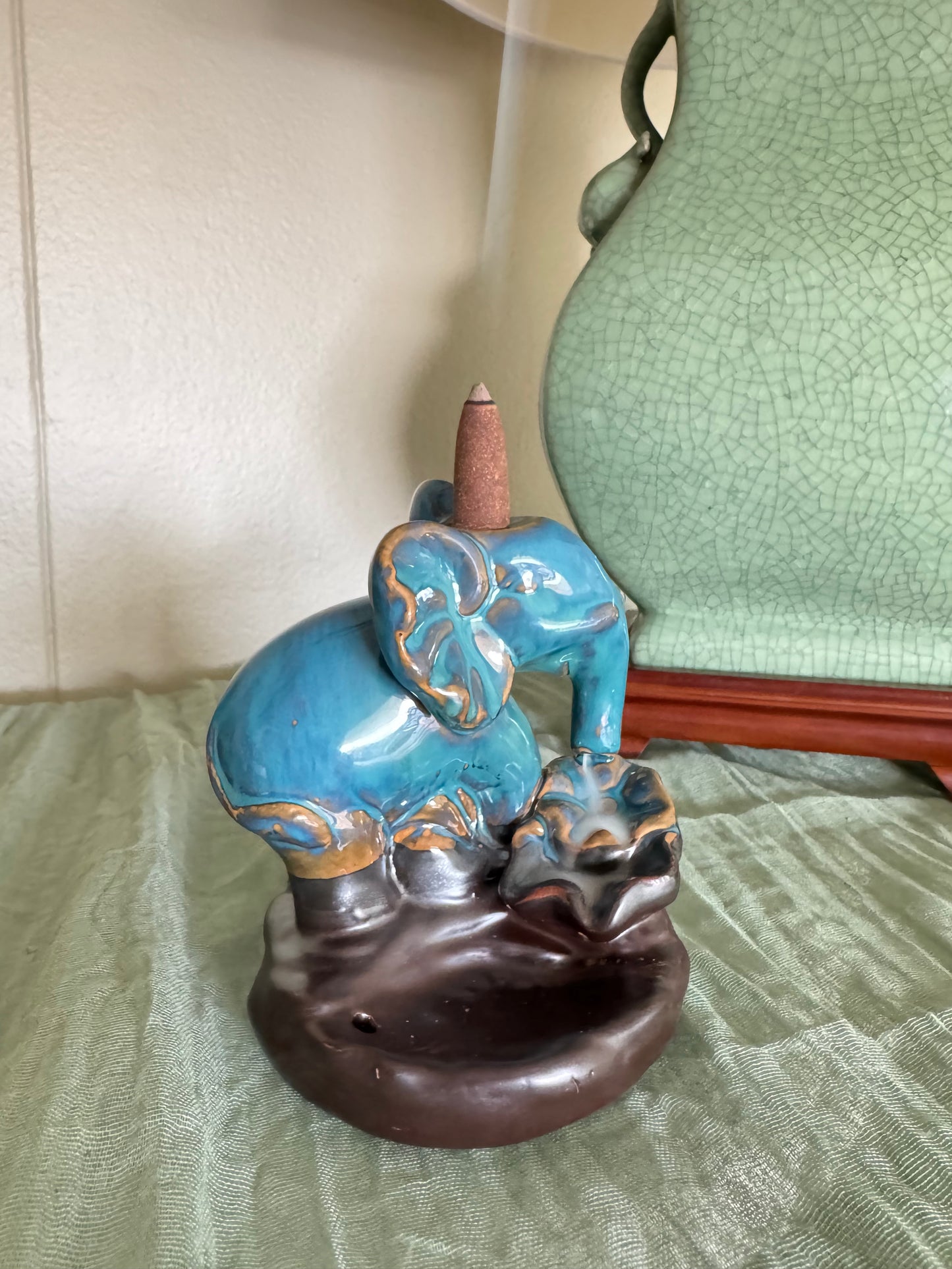 Ceramic Elephant Waterfall Incense Holder – Blue Glazed Decorative Elephant Figurine