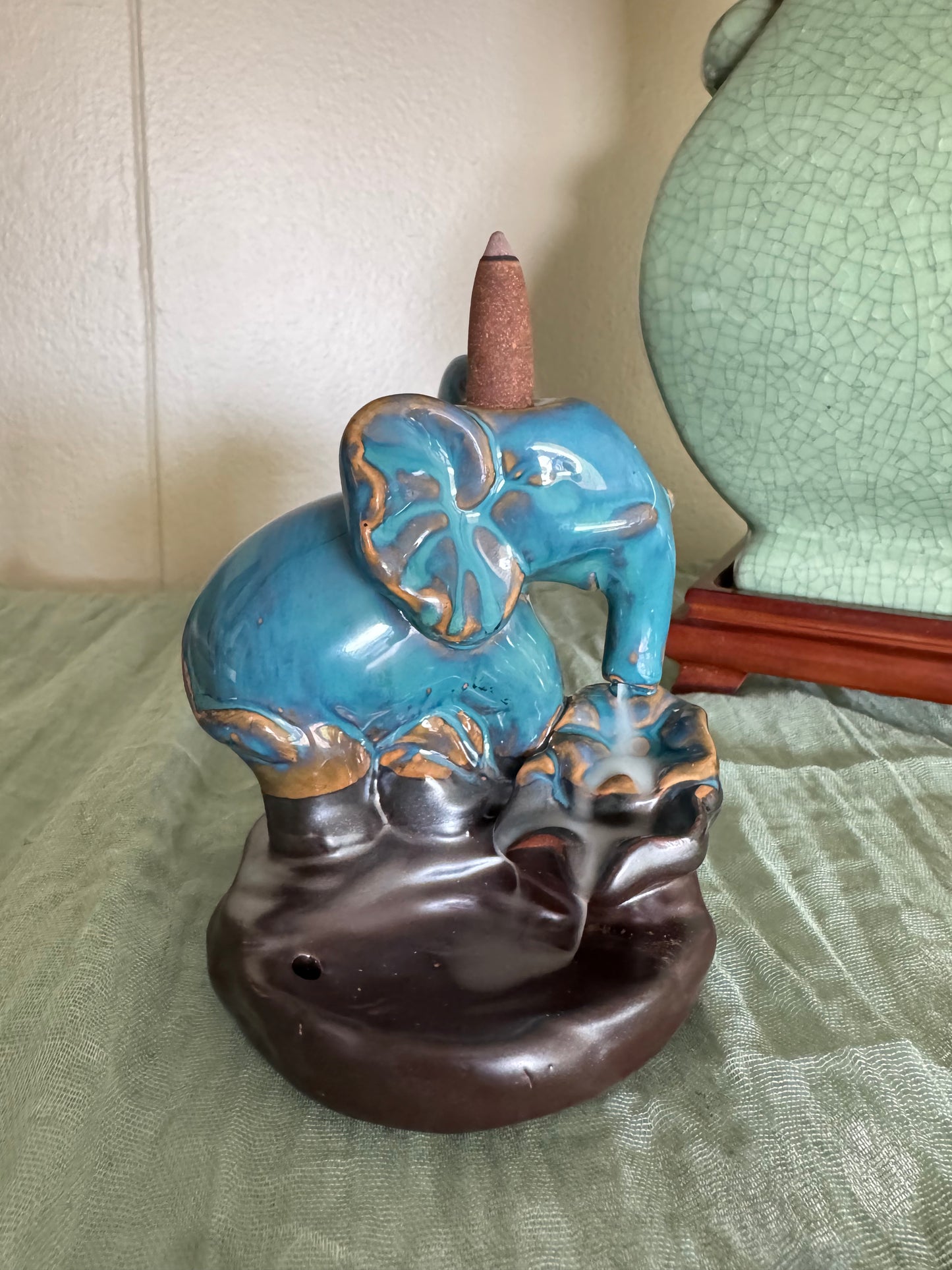 Ceramic Elephant Waterfall Incense Holder – Blue Glazed Decorative Elephant Figurine
