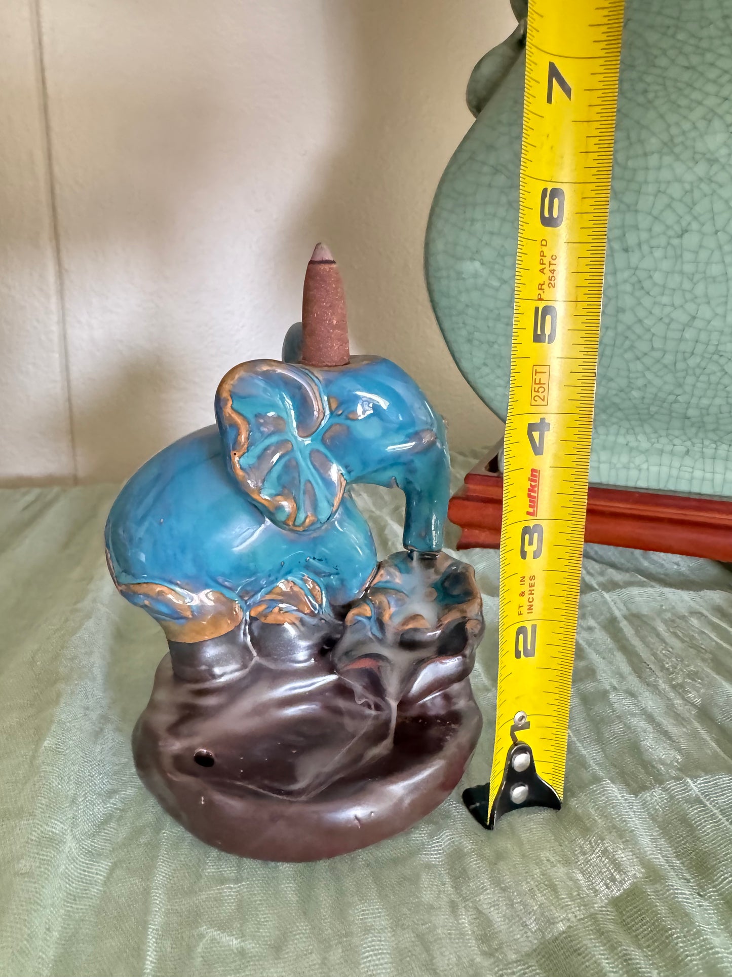 Ceramic Elephant Waterfall Incense Holder – Blue Glazed Decorative Elephant Figurine