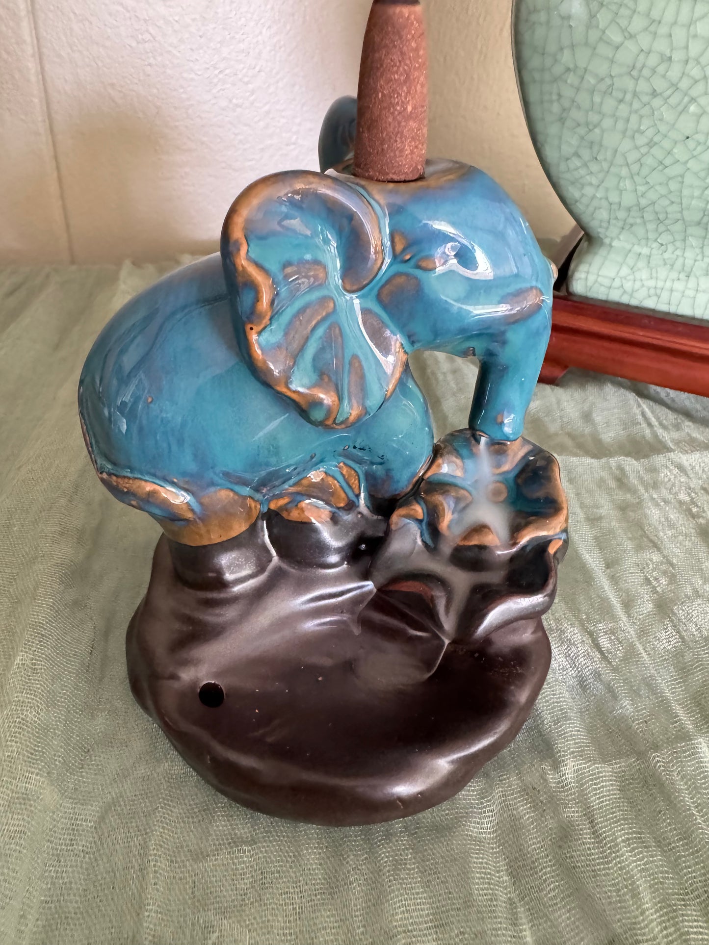 Ceramic Elephant Waterfall Incense Holder – Blue Glazed Decorative Elephant Figurine