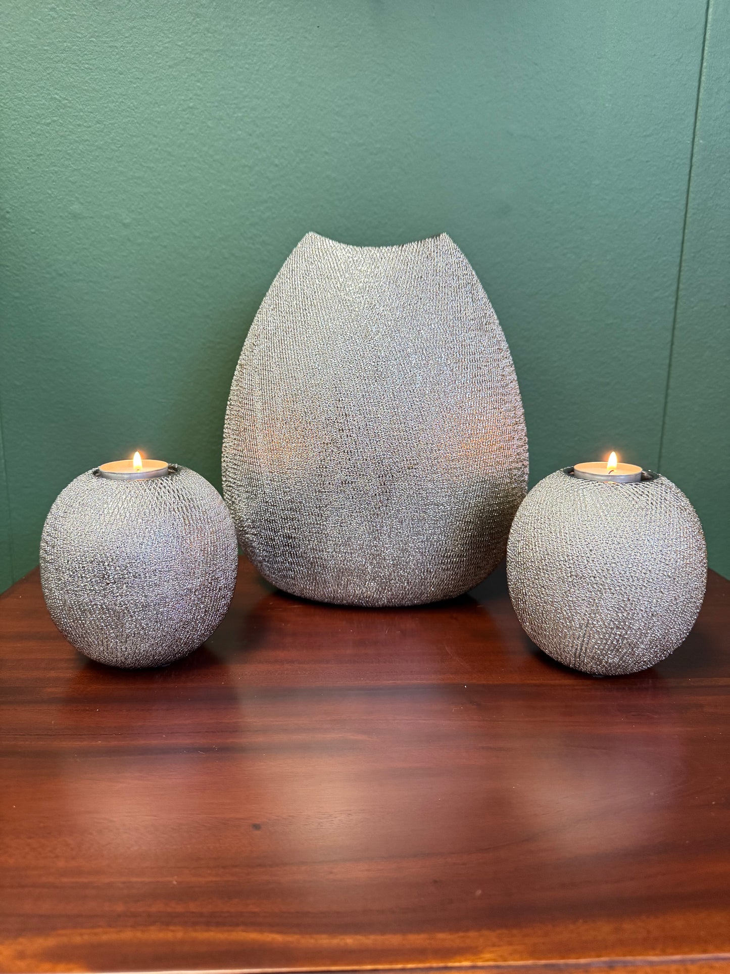 Silver Textured Vase & Candle Holder Set of 3 – Modern Decorative Accent Set