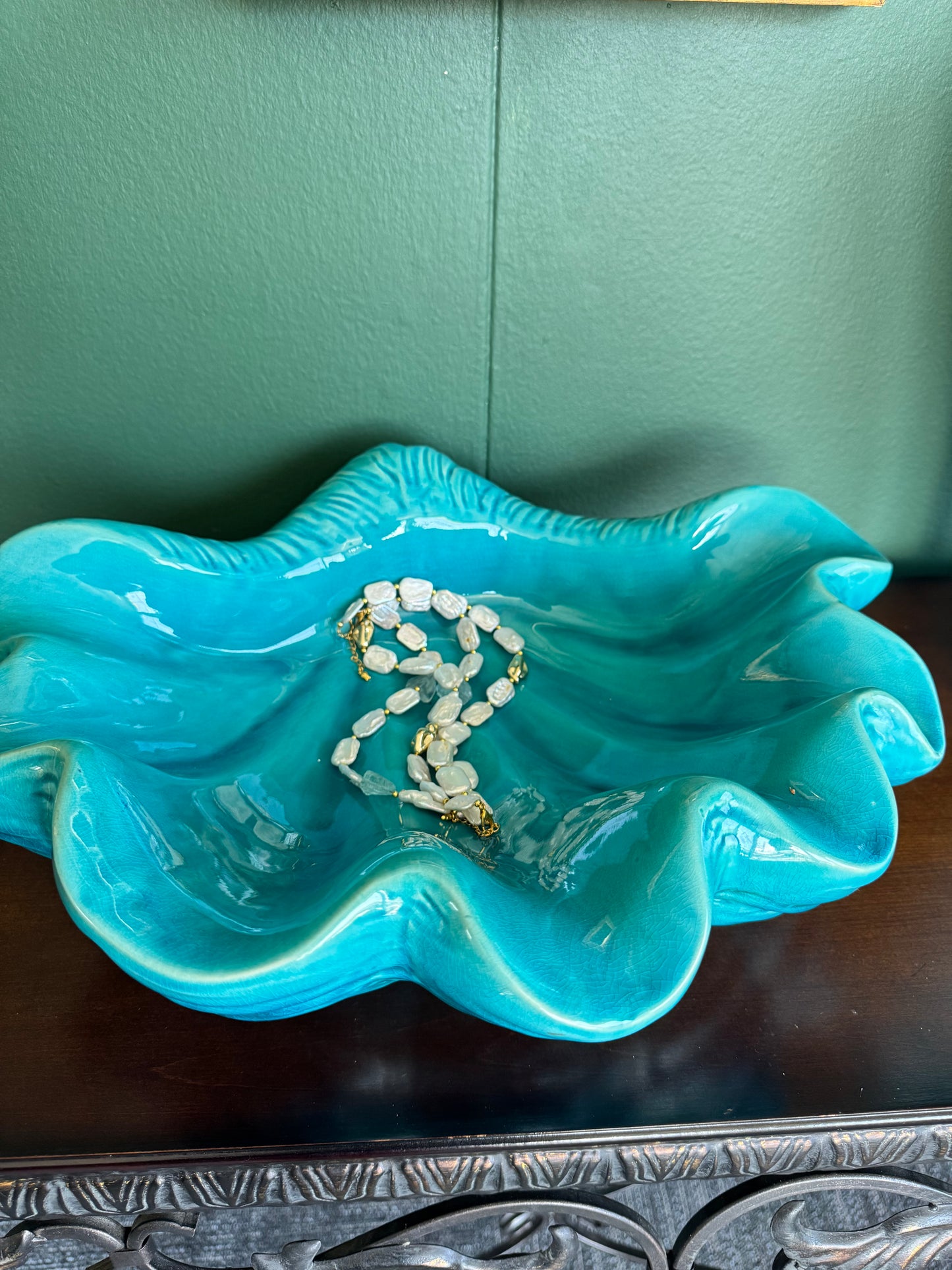 Large Turquoise Ceramic Shell Bowl – Sculptural Coastal Centerpiece 16"x14"