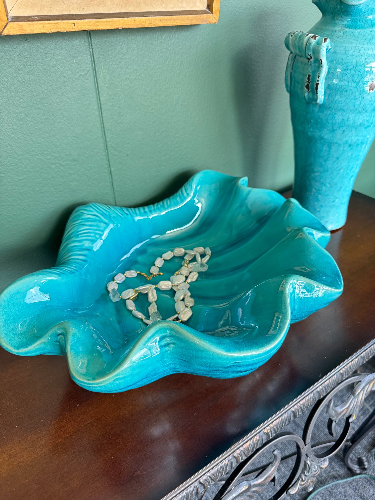 Large Turquoise Ceramic Shell Bowl – Sculptural Coastal Centerpiece 16"x14"