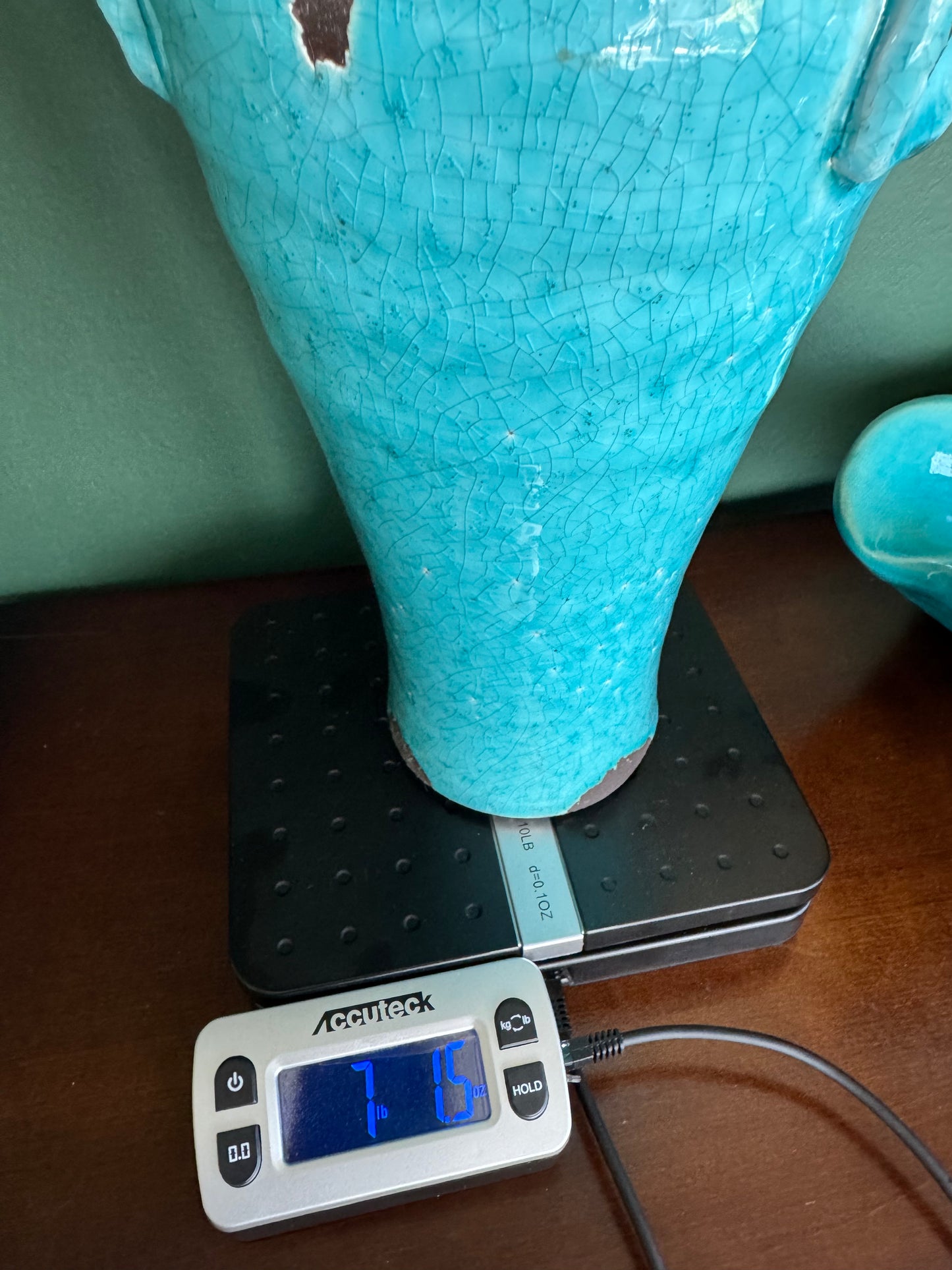 Turquoise Crackle Glaze Heavy Metal Vase with Scroll Handles – 14”
