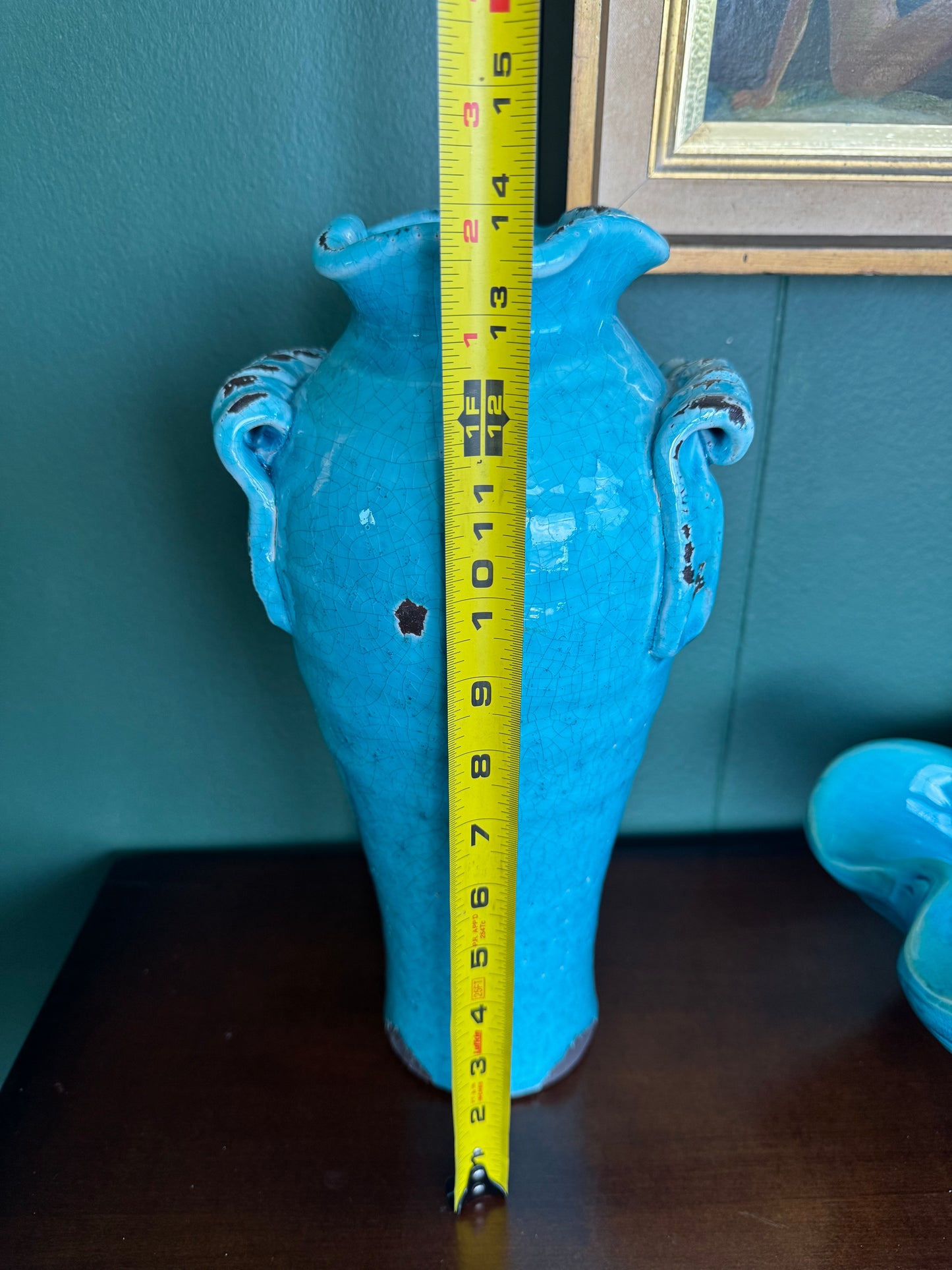 Turquoise Crackle Glaze Heavy Metal Vase with Scroll Handles – 14”