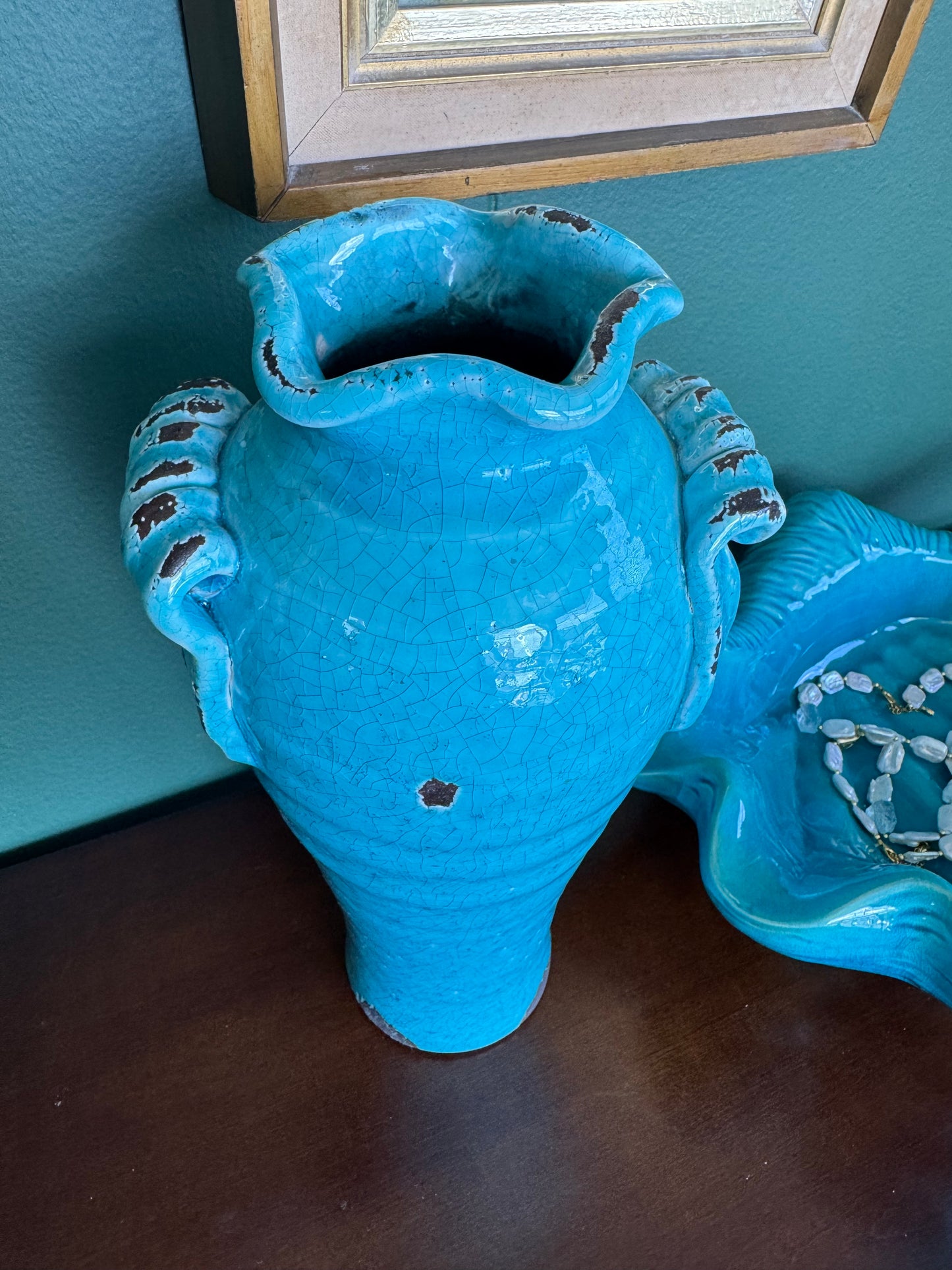 Turquoise Crackle Glaze Heavy Metal Vase with Scroll Handles – 14”