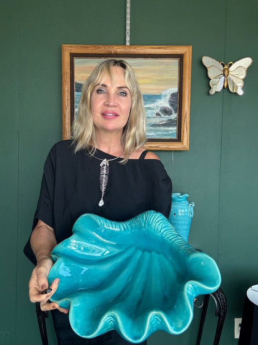 Large Turquoise Ceramic Shell Bowl – Sculptural Coastal Centerpiece 16"x14"