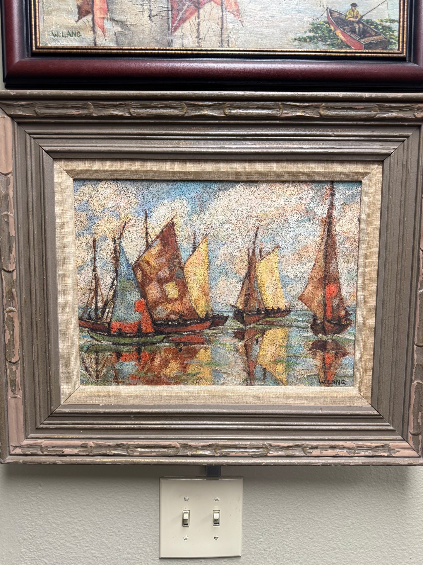 Vintage Oil Painting Signed W. Lang Sailboat Seascape  23x18