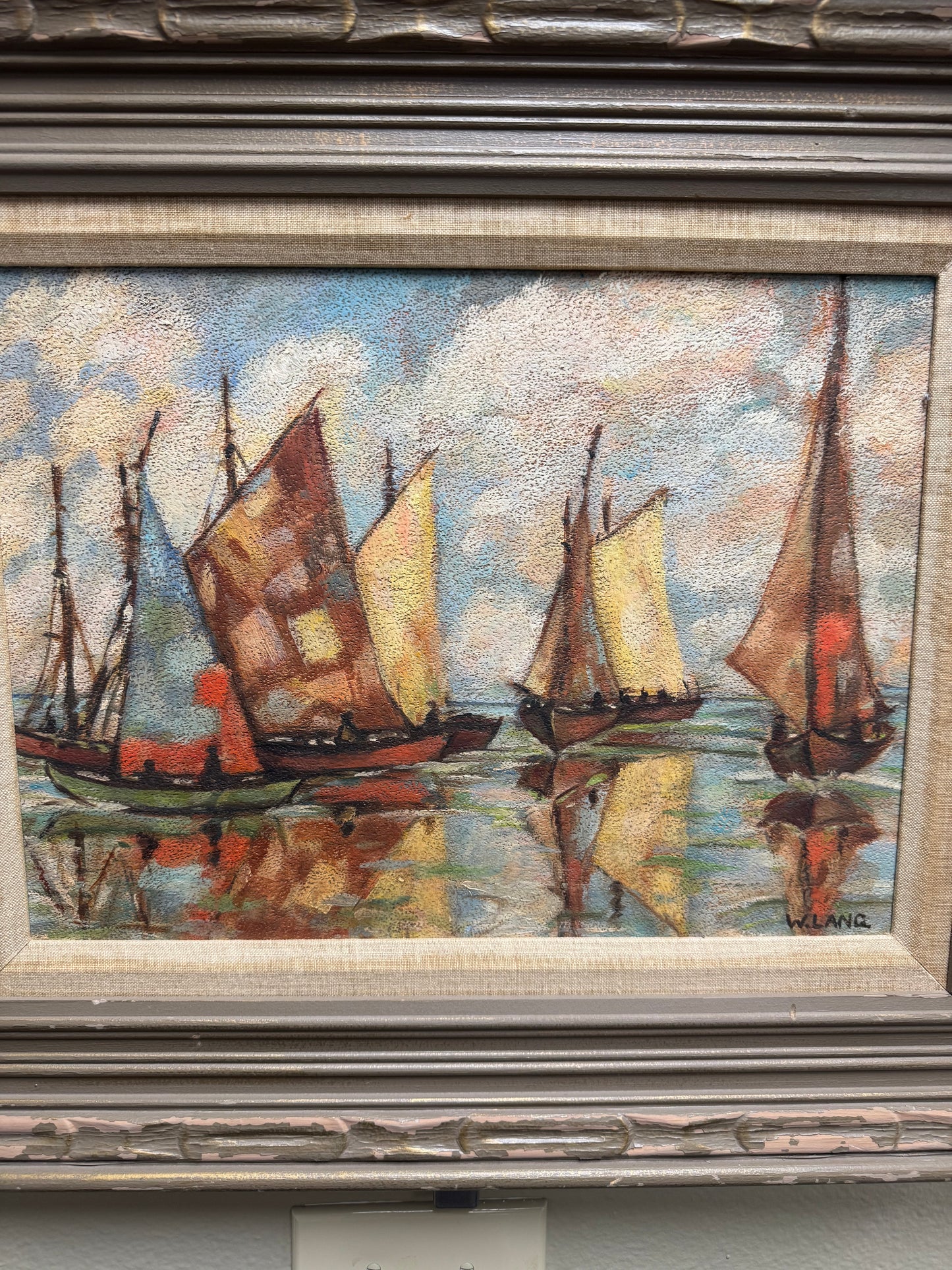Vintage Oil Painting Signed W. Lang Sailboat Seascape  23x18