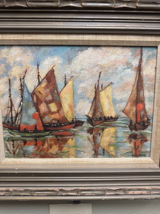 Vintage Oil Painting Signed W. Lang Sailboat Seascape  23x18