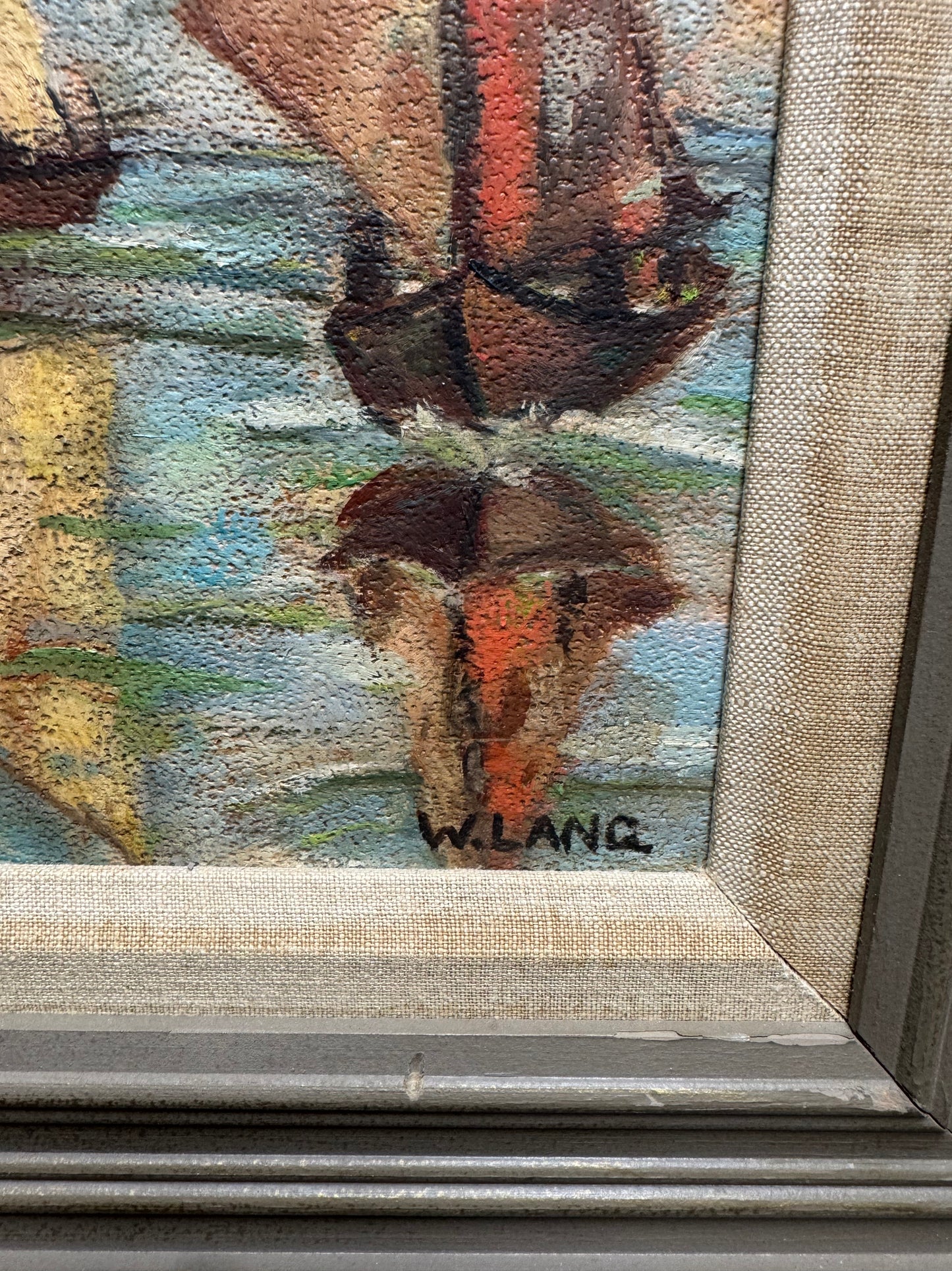 Vintage Oil Painting Signed W. Lang Sailboat Seascape  23x18