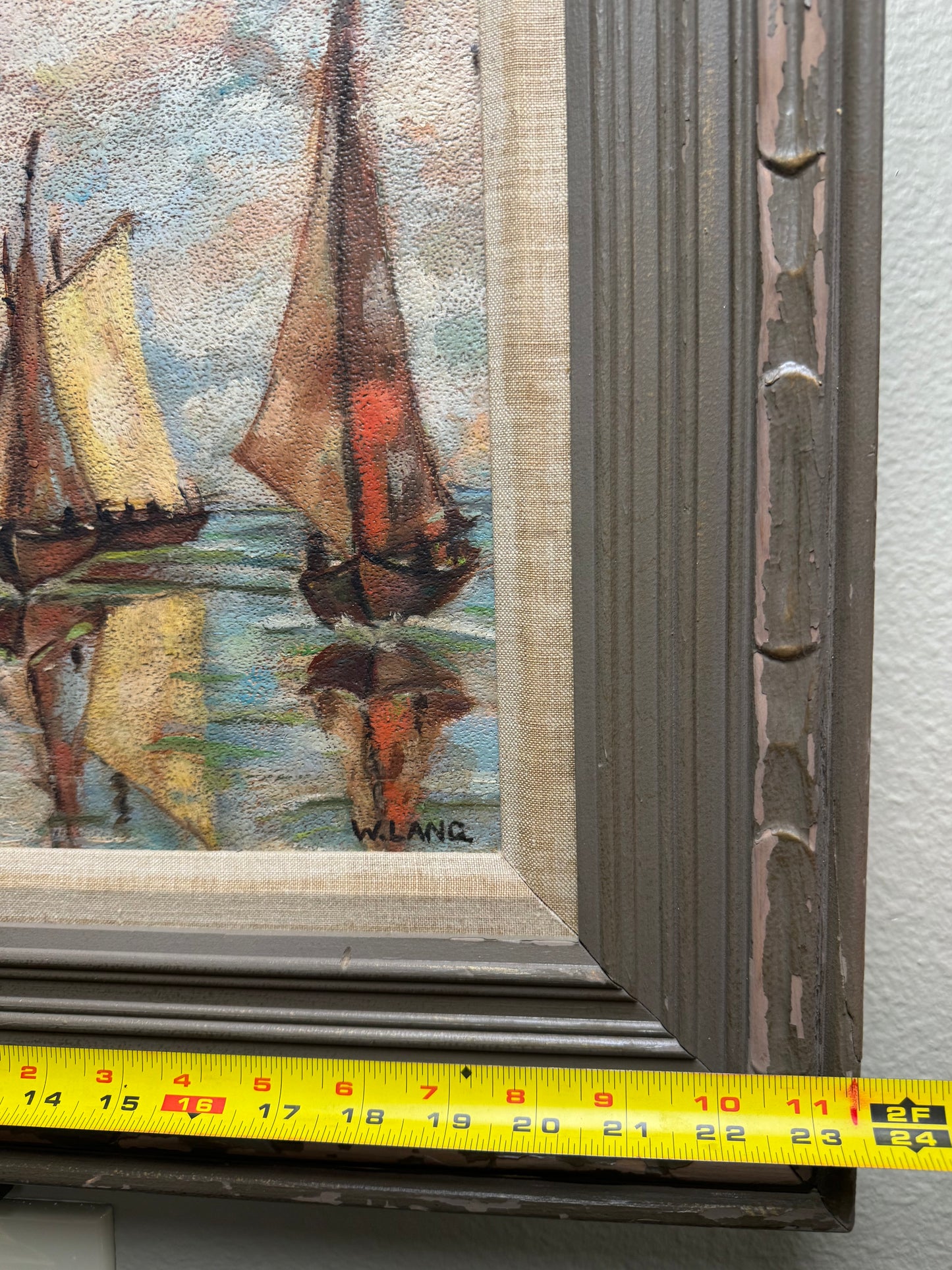 Vintage Oil Painting Signed W. Lang Sailboat Seascape  23x18