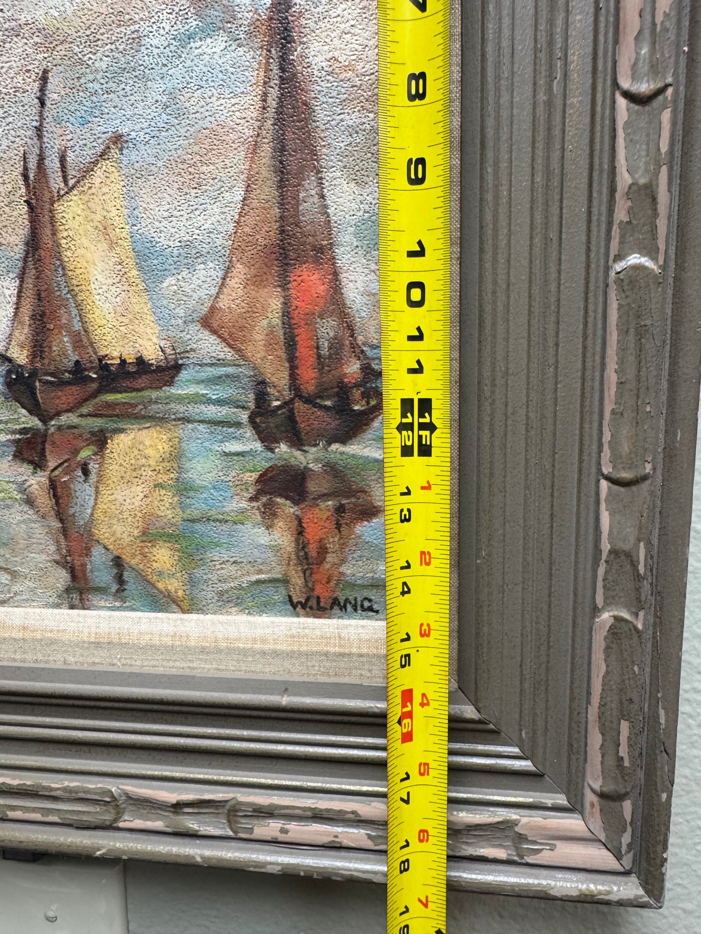 Vintage Oil Painting Signed W. Lang Sailboat Seascape  23x18