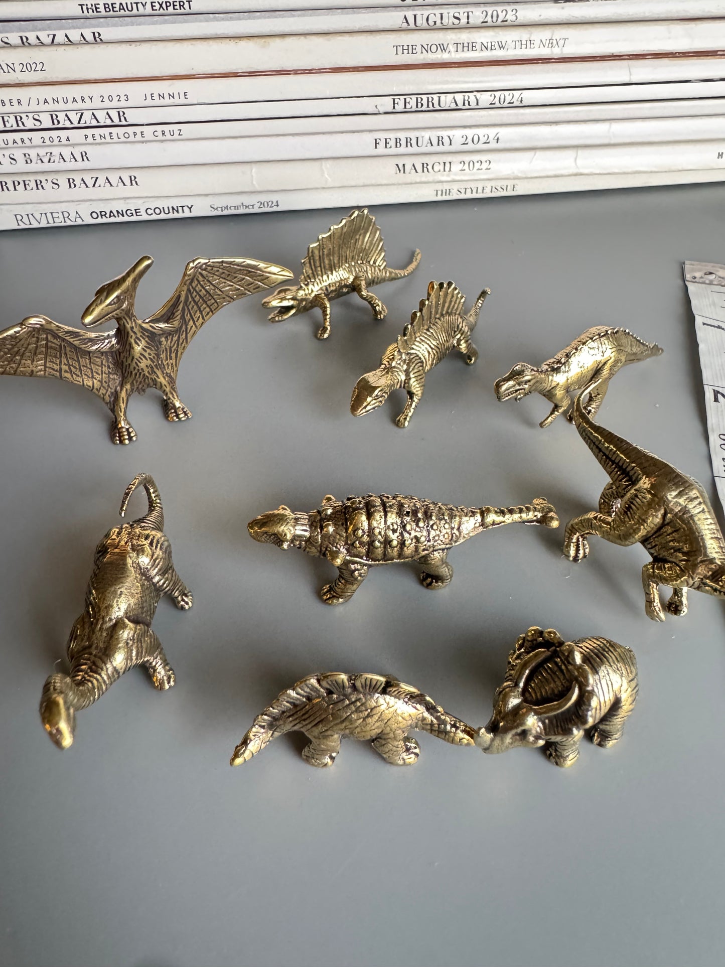 Set of 9 Dinosaur Figurines – Brass Tone Mini Prehistoric Animals – Decorative Collectible Shelf Decor