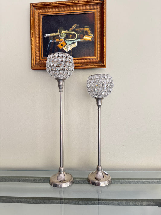 Set of 2 Crystal Beaded Candle Holders – 20, 17” Tall Silver Metal Stands