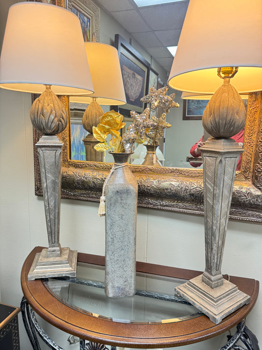 Heavy Cast Metal Table Lamps – Pair – Tall Traditional Column Design – Vintage Inspired Lighting – Classic Decor