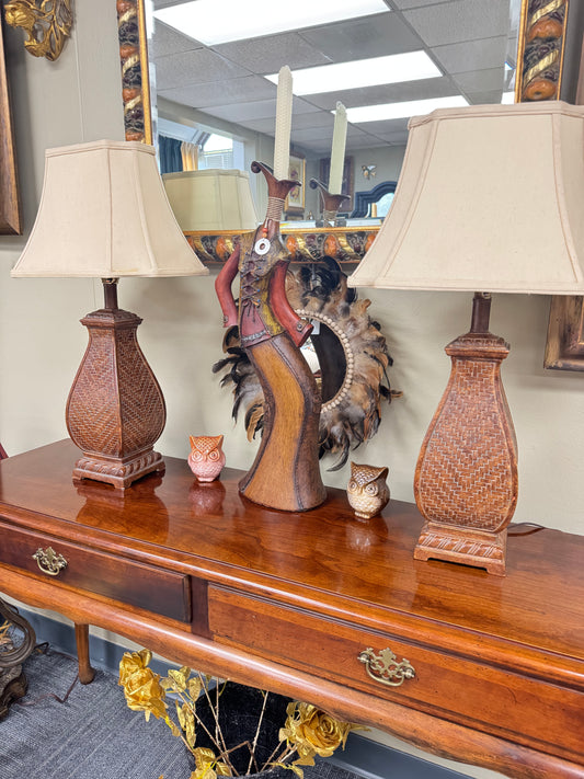 Set of 2 Textured Table Lamps, Woven Pattern Base, Neutral Fabric Shades, Tall 25