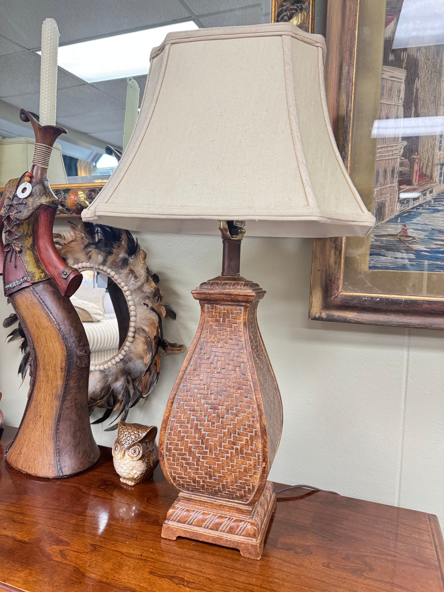 Set of 2 Textured Table Lamps, Woven Pattern Base, Neutral Fabric Shades, Tall 25