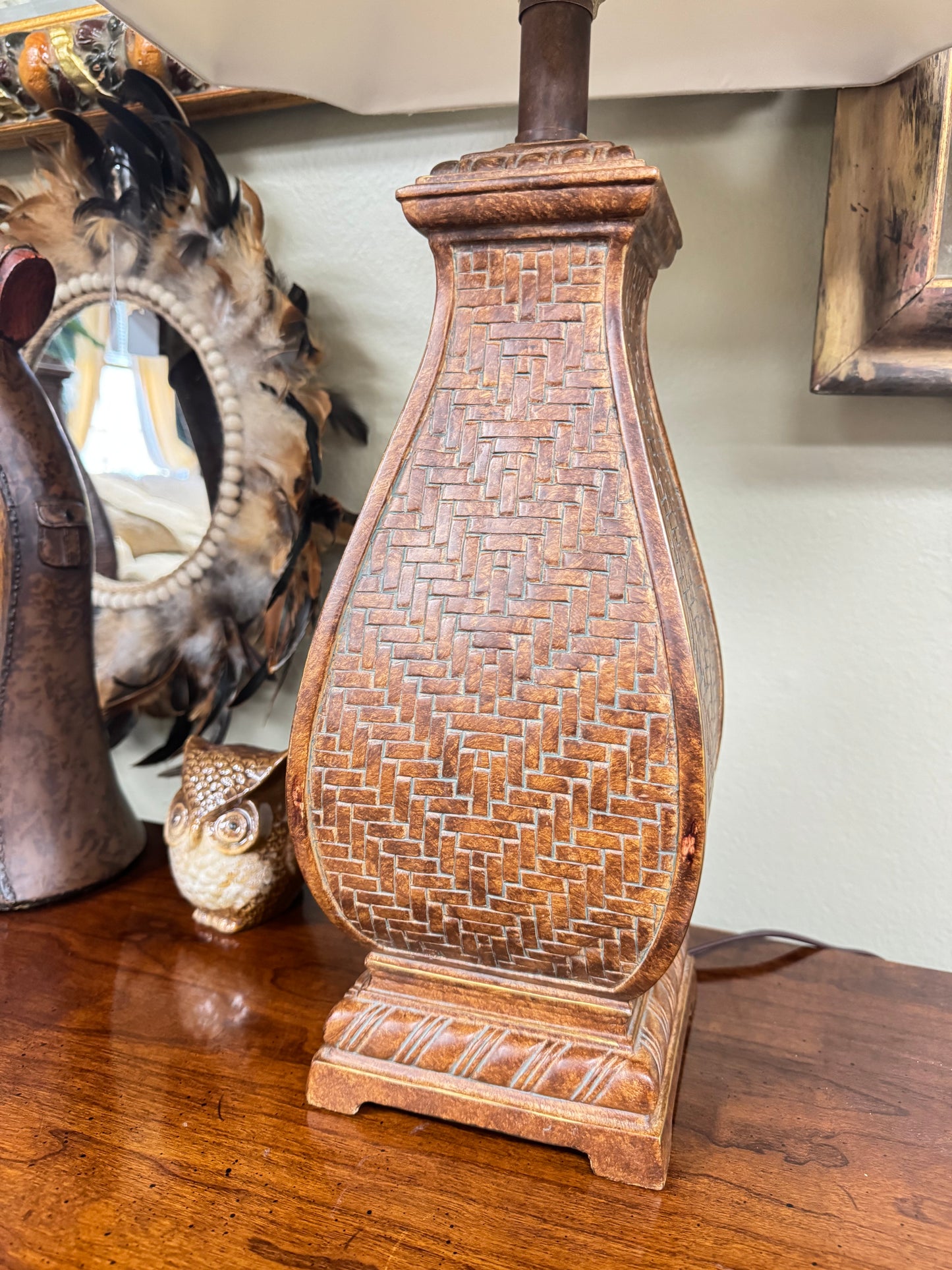 Set of 2 Textured Table Lamps, Woven Pattern Base, Neutral Fabric Shades, Tall 25