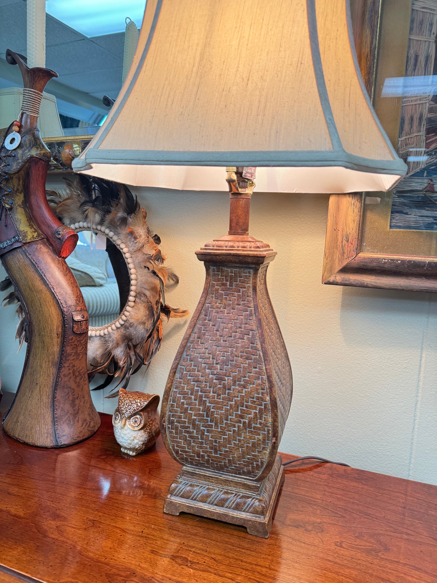 Set of 2 Textured Table Lamps, Woven Pattern Base, Neutral Fabric Shades, Tall 25