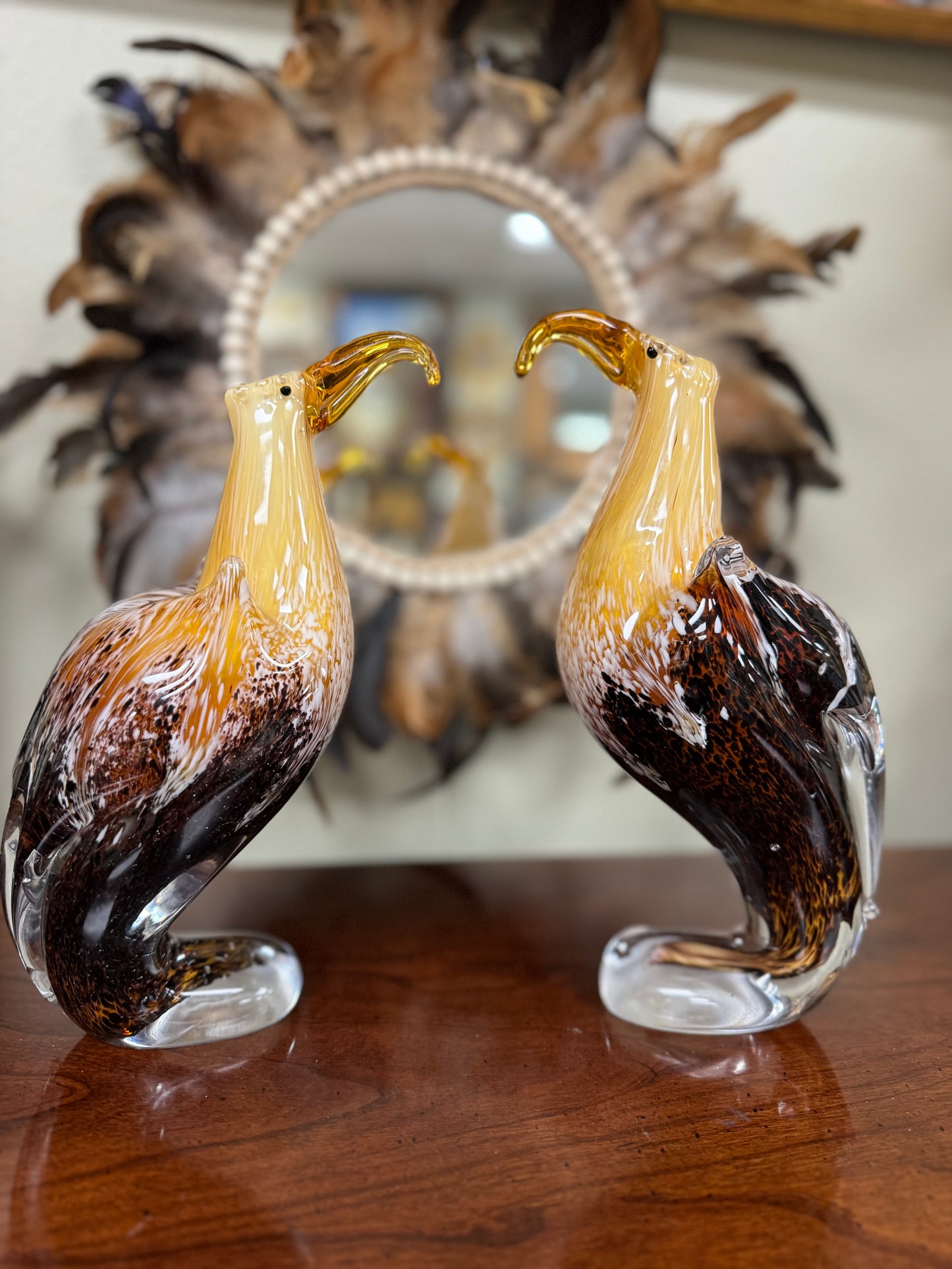 Set of 2 Vintage Murano Style Art Glass Bird Figurines Amber Brown Hand Blown 10