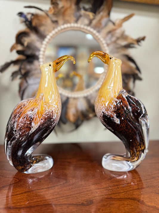 Set of 2 Vintage Murano Style Art Glass Bird Figurines Amber Brown Hand Blown 10