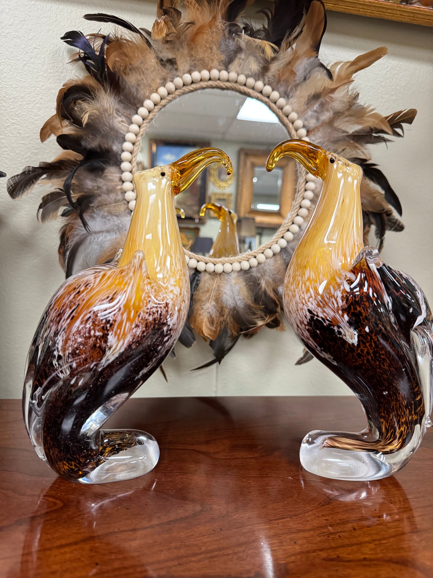 Set of 2 Vintage Murano Style Art Glass Bird Figurines Amber Brown Hand Blown 10
