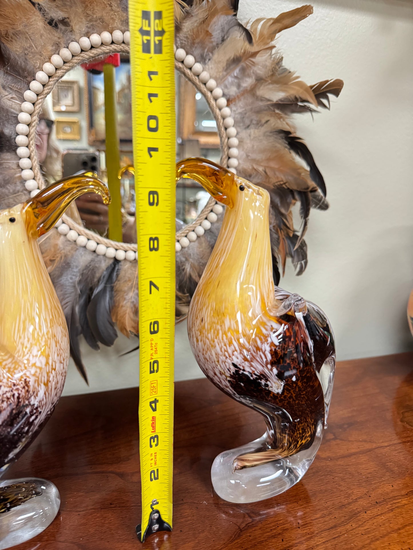 Set of 2 Vintage Murano Style Art Glass Bird Figurines Amber Brown Hand Blown 10