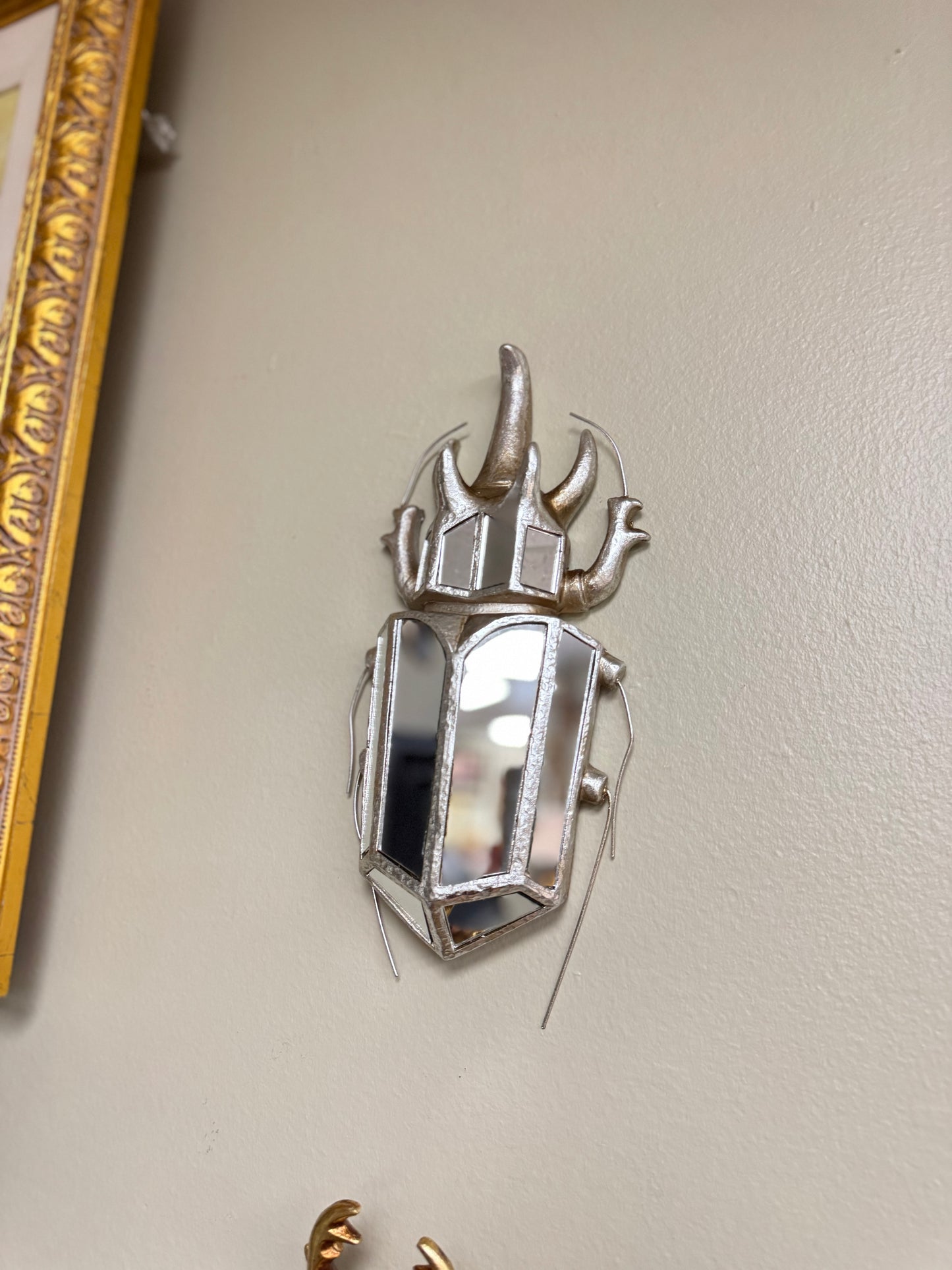 Vintage Style Scarab Beetle Wall Mirror, Silver Resin Frame,Tall 12
