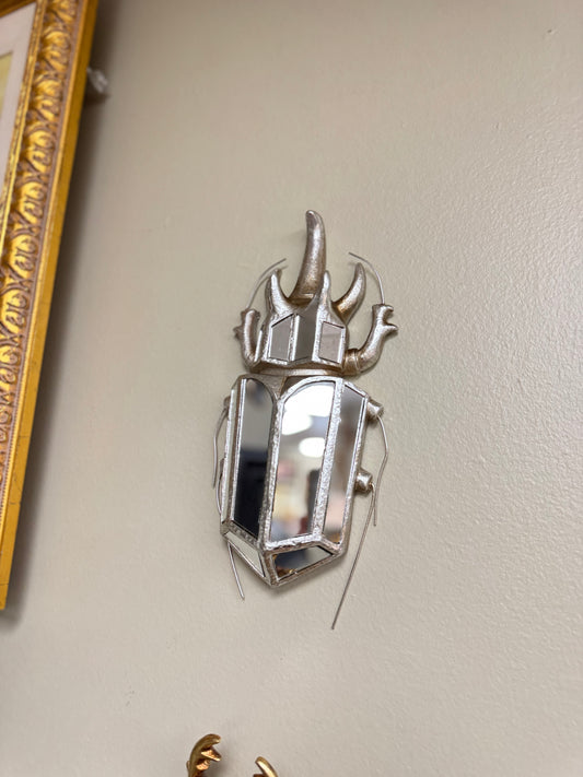 Vintage Style Scarab Beetle Wall Mirror, Silver Resin Frame,Tall 12