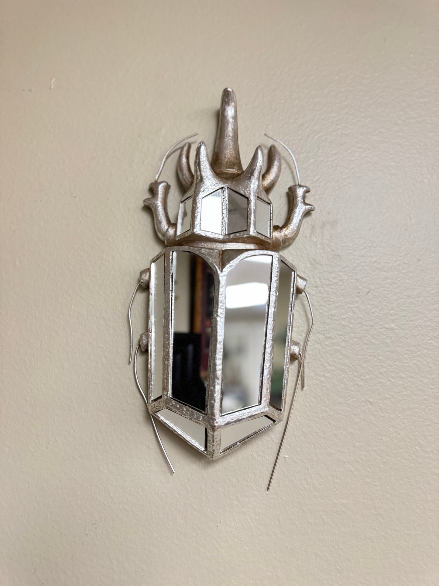 Vintage Style Scarab Beetle Wall Mirror, Silver Resin Frame,Tall 12