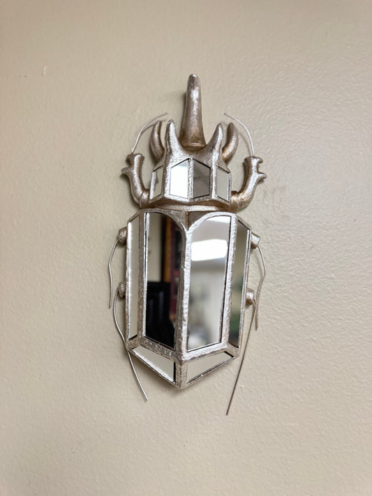Vintage Style Scarab Beetle Wall Mirror, Silver Resin Frame,Tall 12