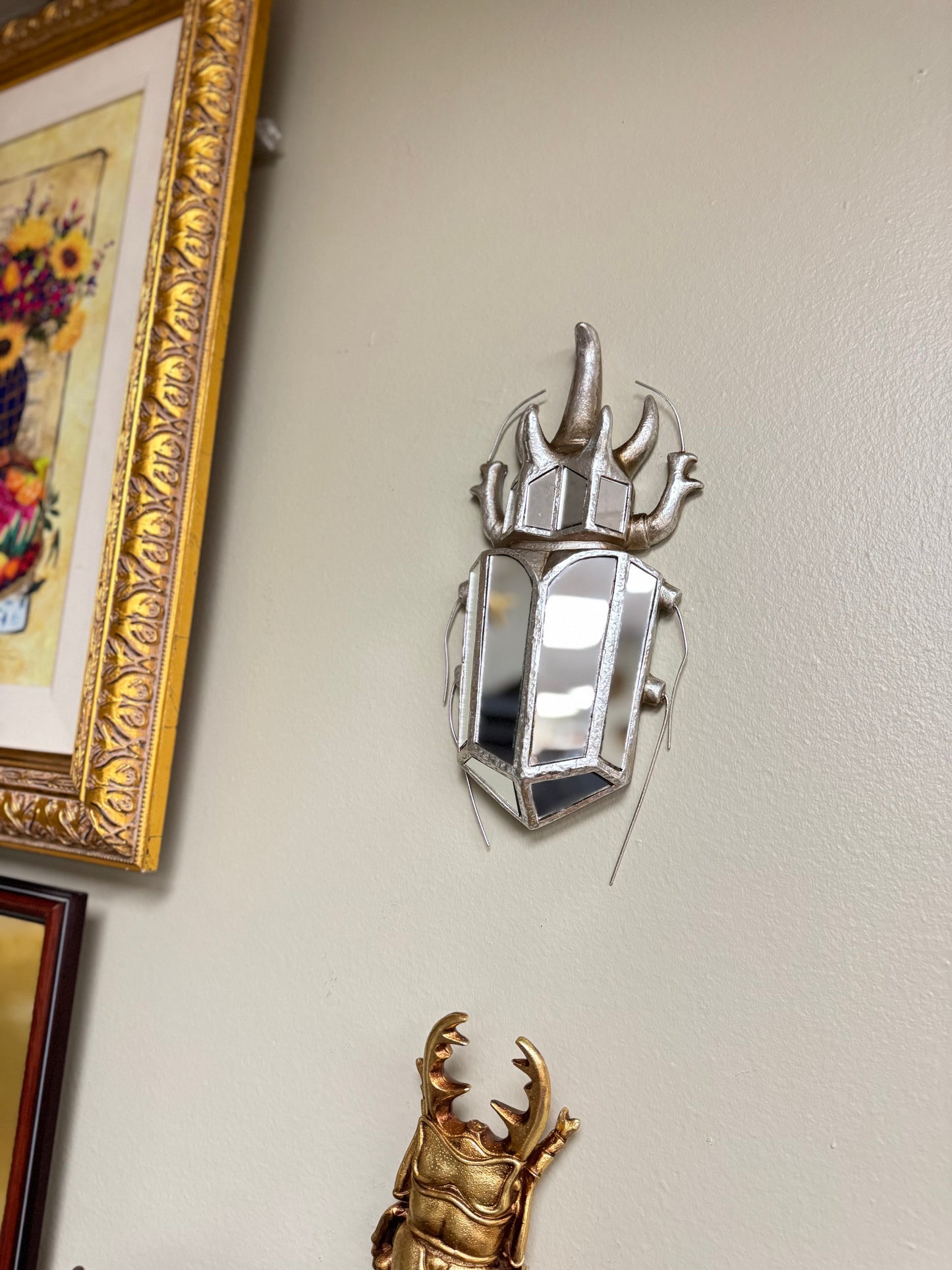 Vintage Style Scarab Beetle Wall Mirror, Silver Resin Frame,Tall 12