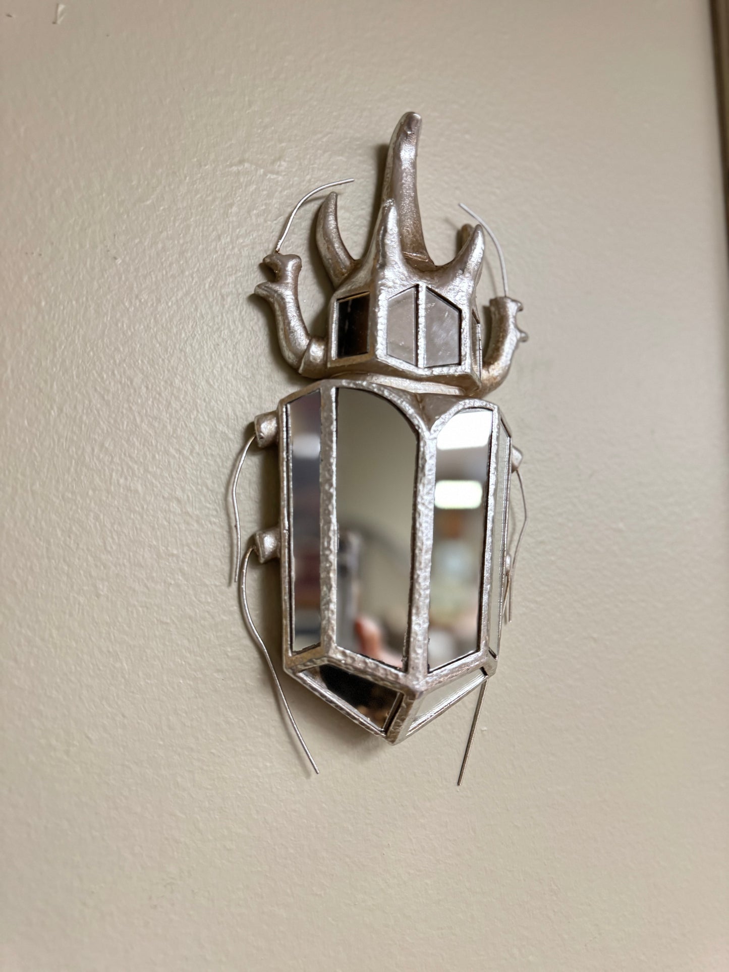 Vintage Style Scarab Beetle Wall Mirror, Silver Resin Frame,Tall 12