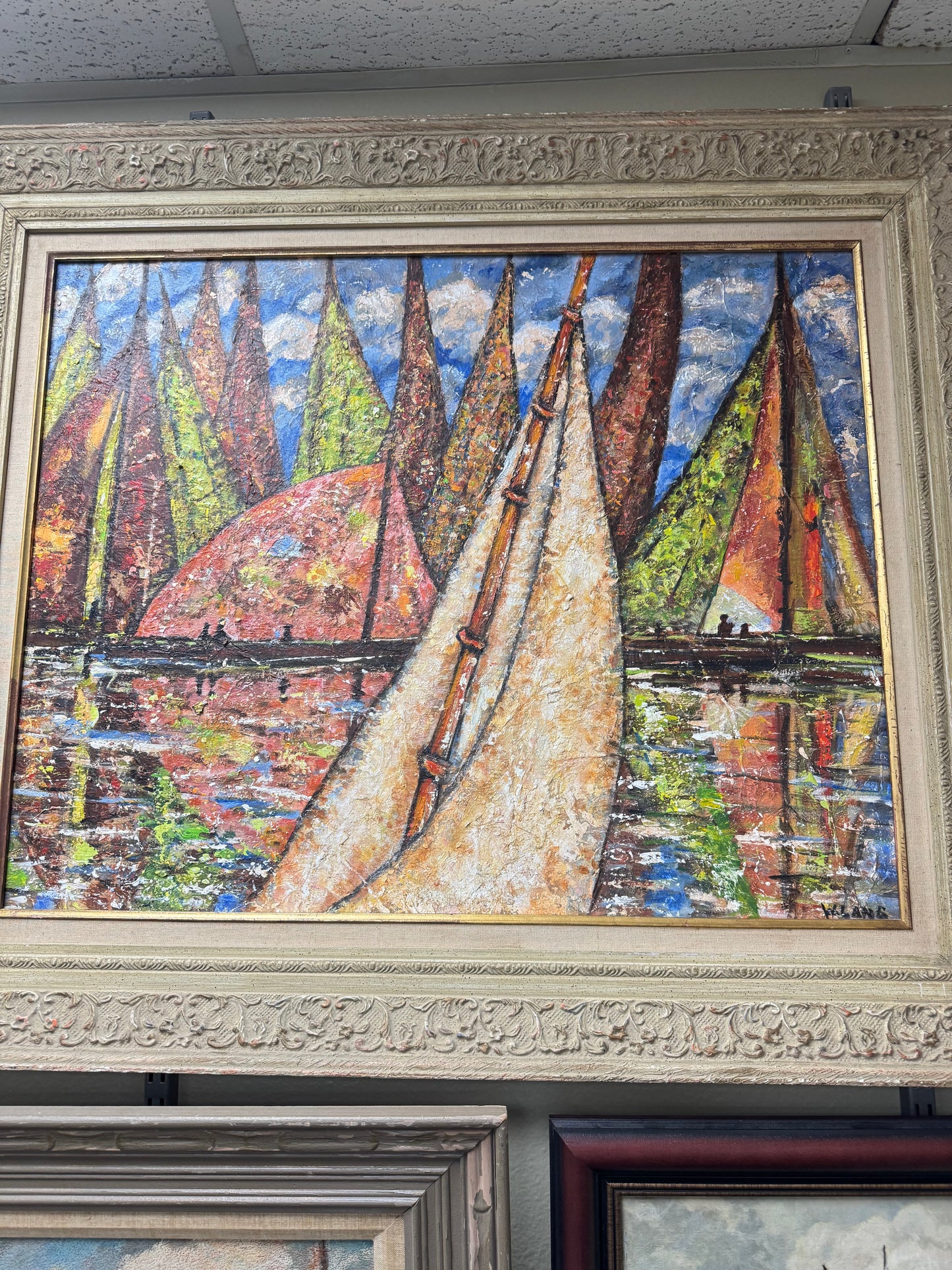 Vintage Sailboat Harbor Painting by W. Lang – Textured Impasto Seascape,