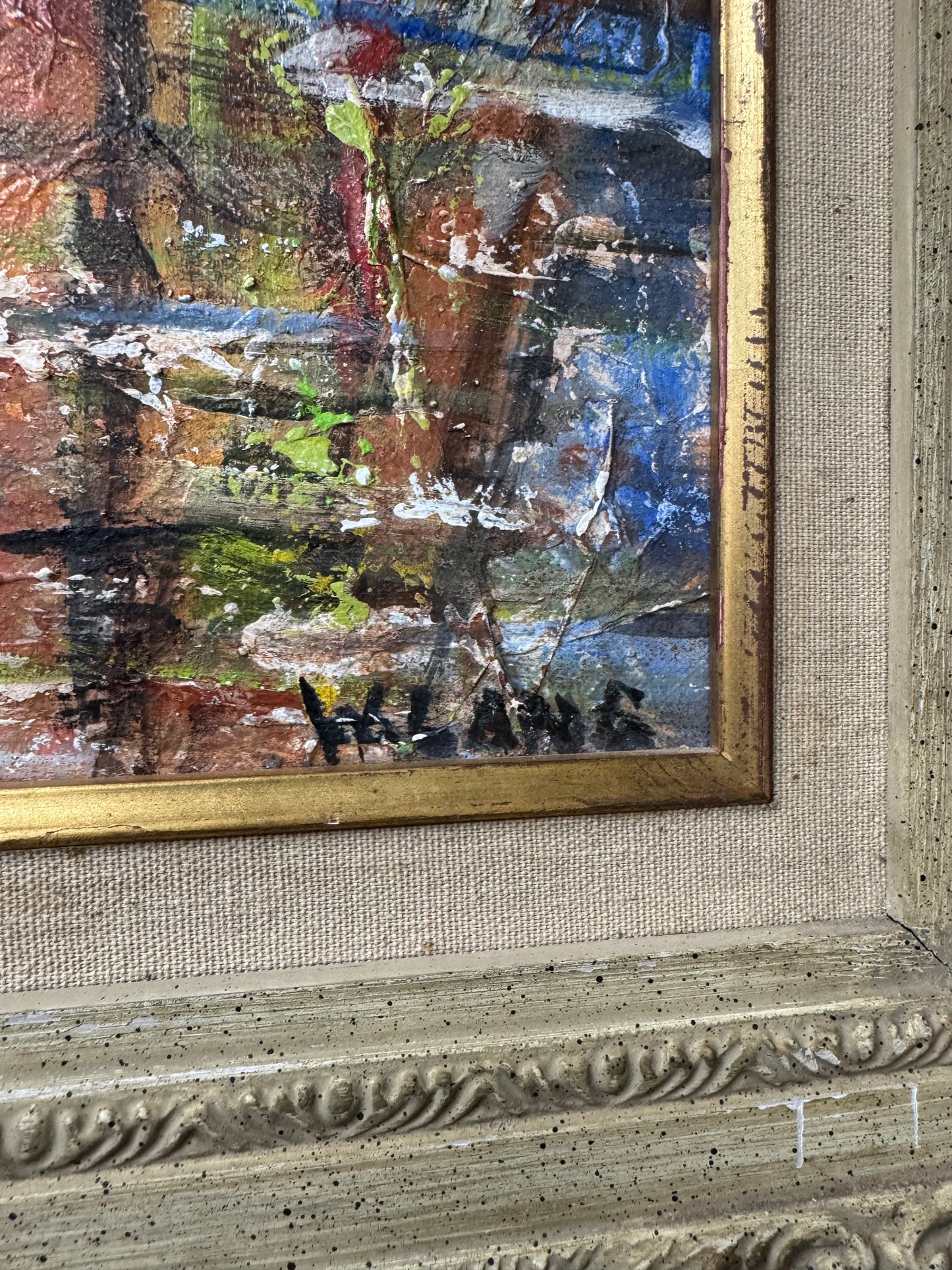 Vintage Sailboat Harbor Painting by W. Lang – Textured Impasto Seascape,