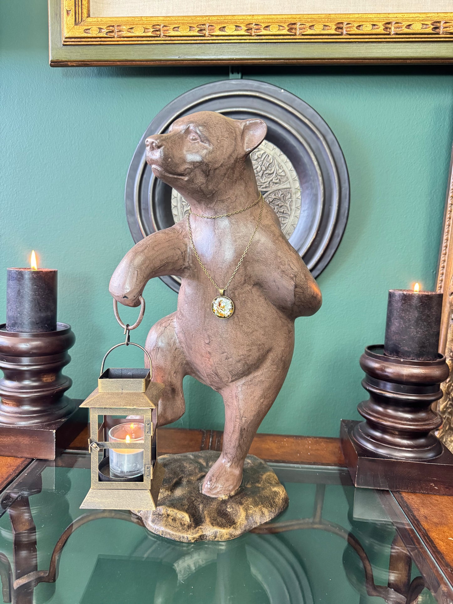 Large Cast Metal Bear Sculpture with Lantern – Rustic Decorative Figurine Tall 17.5"