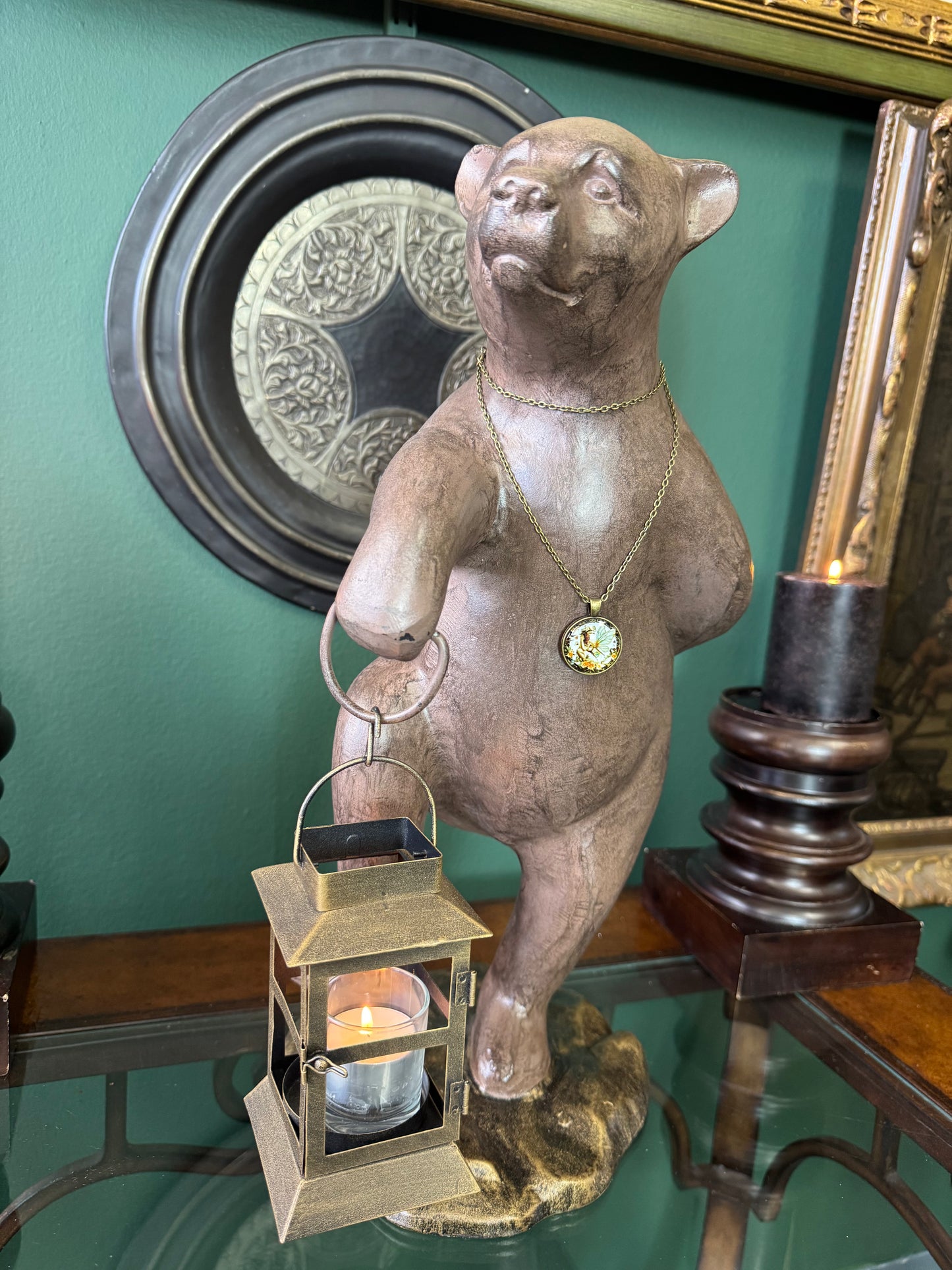 Large Cast Metal Bear Sculpture with Lantern – Rustic Decorative Figurine Tall 17.5"