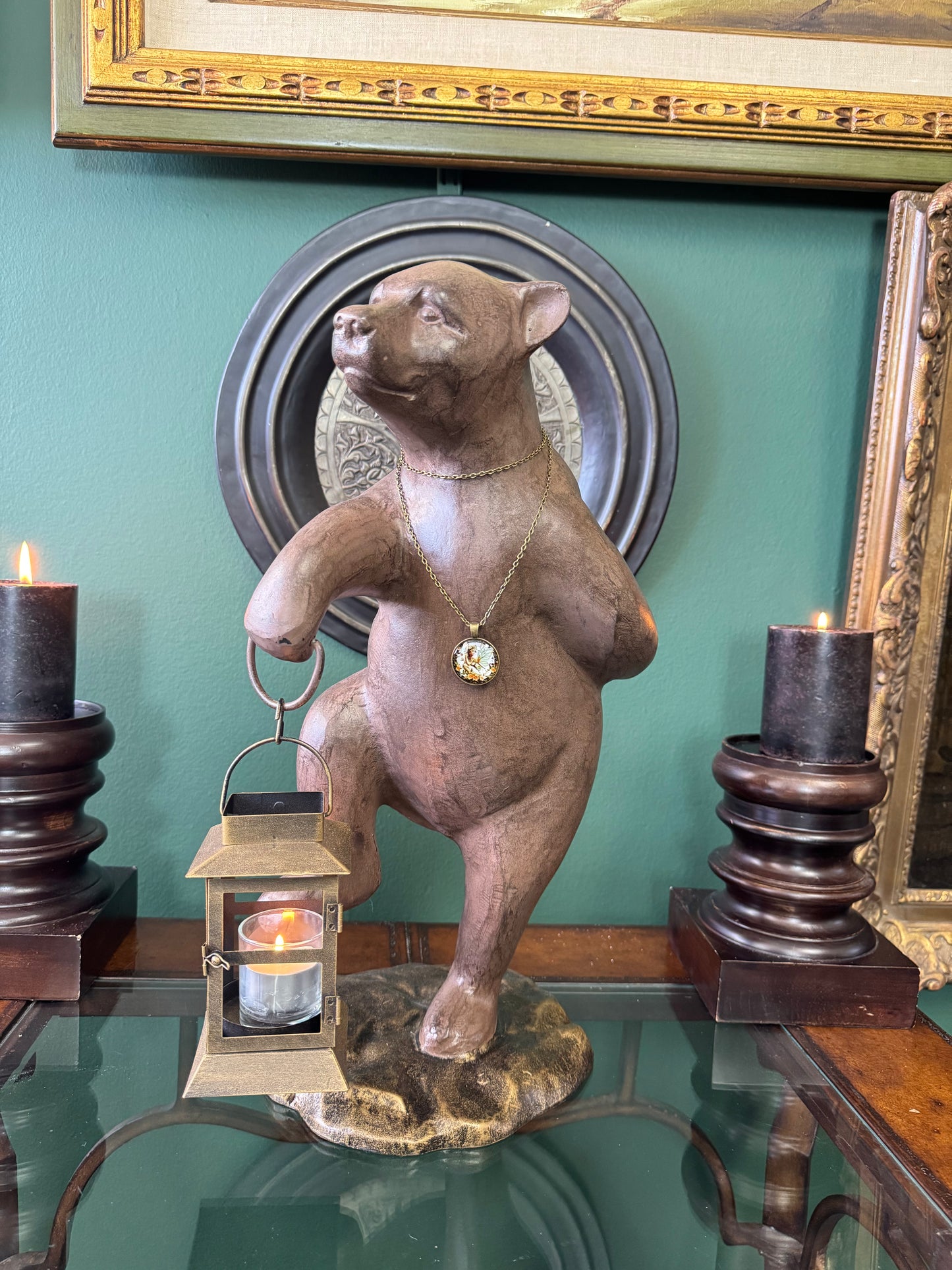 Large Cast Metal Bear Sculpture with Lantern – Rustic Decorative Figurine Tall 17.5"