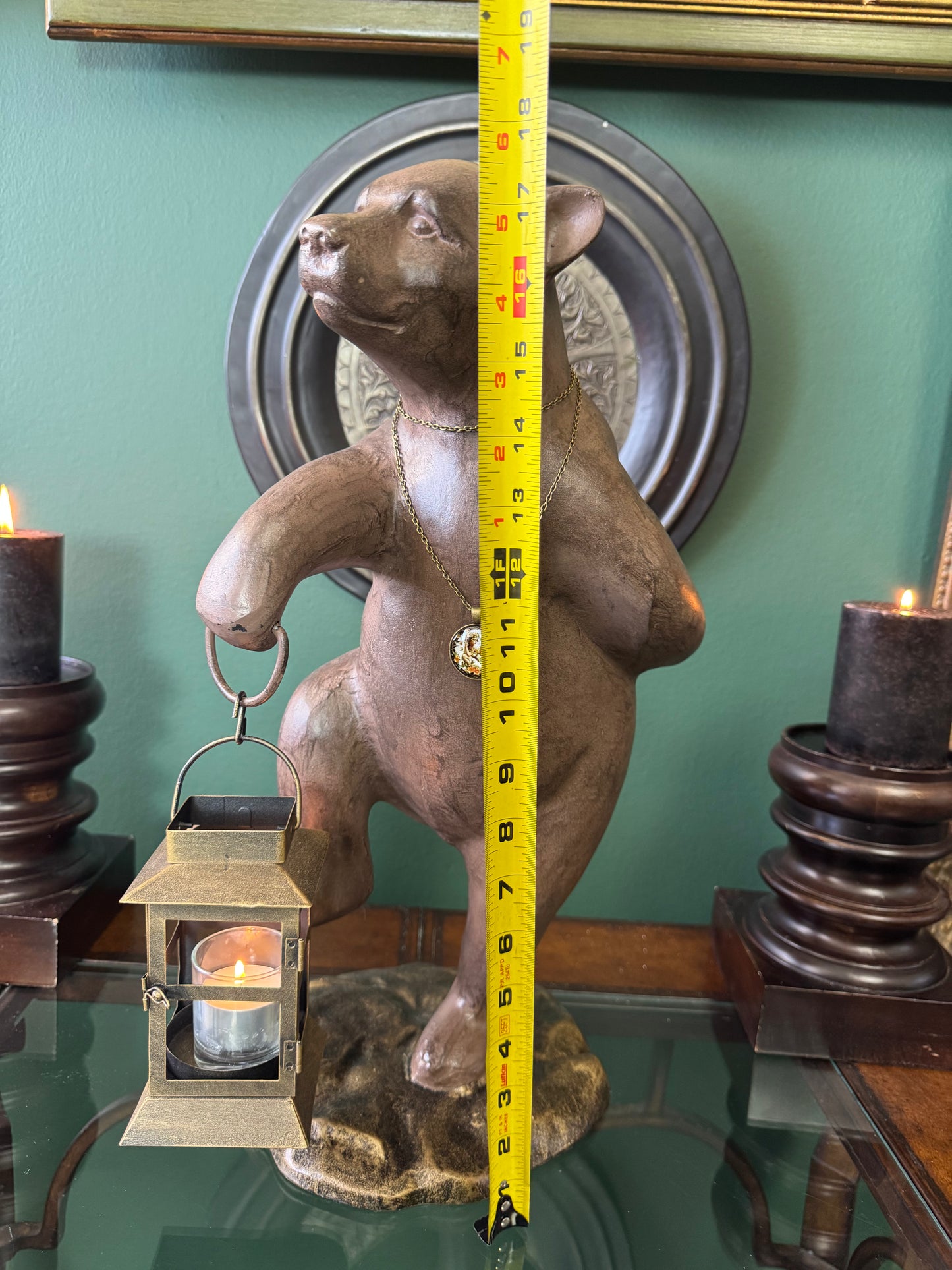 Large Cast Metal Bear Sculpture with Lantern – Rustic Decorative Figurine Tall 17.5"