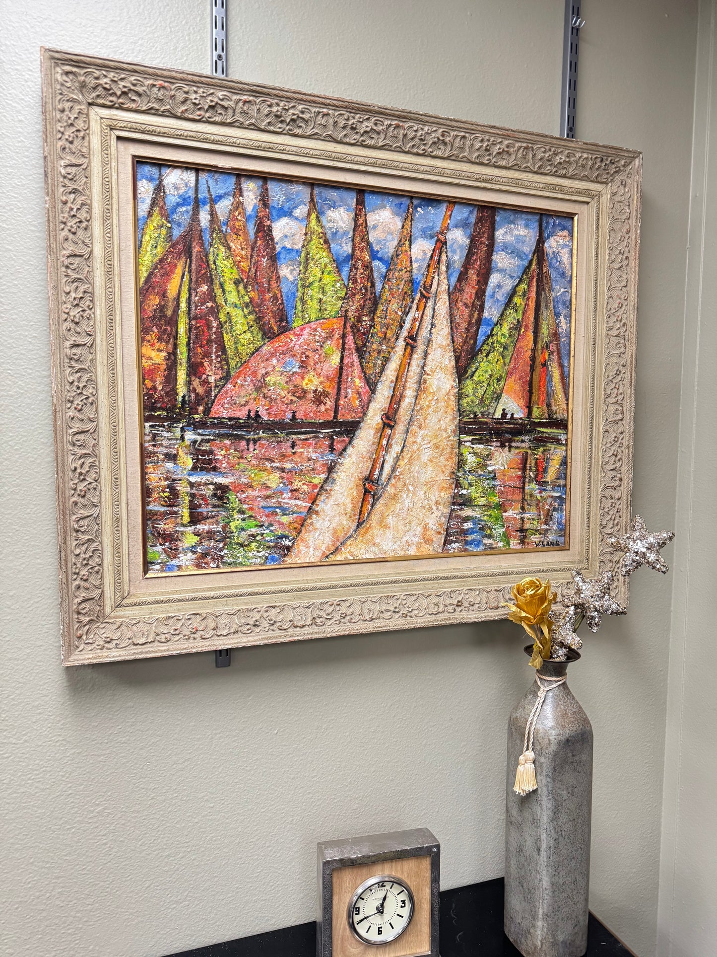 Vintage Sailboat Harbor Painting by W. Lang – Textured Impasto Seascape,