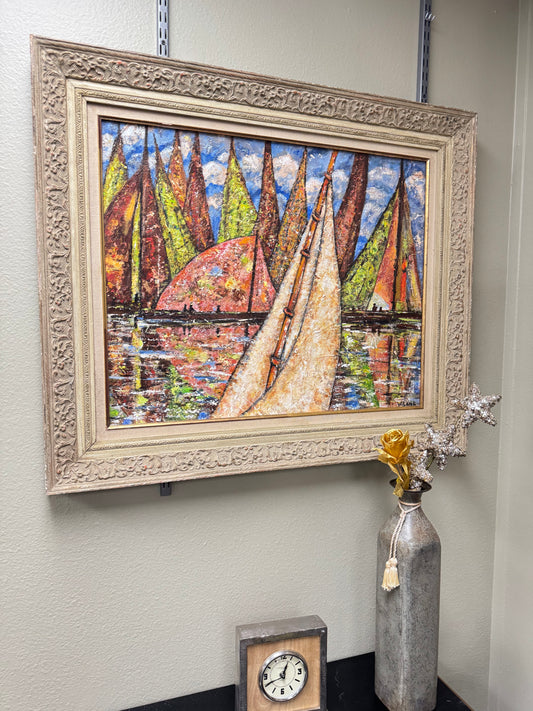 Vintage Sailboat Harbor Painting by W. Lang – Textured Impasto Seascape,