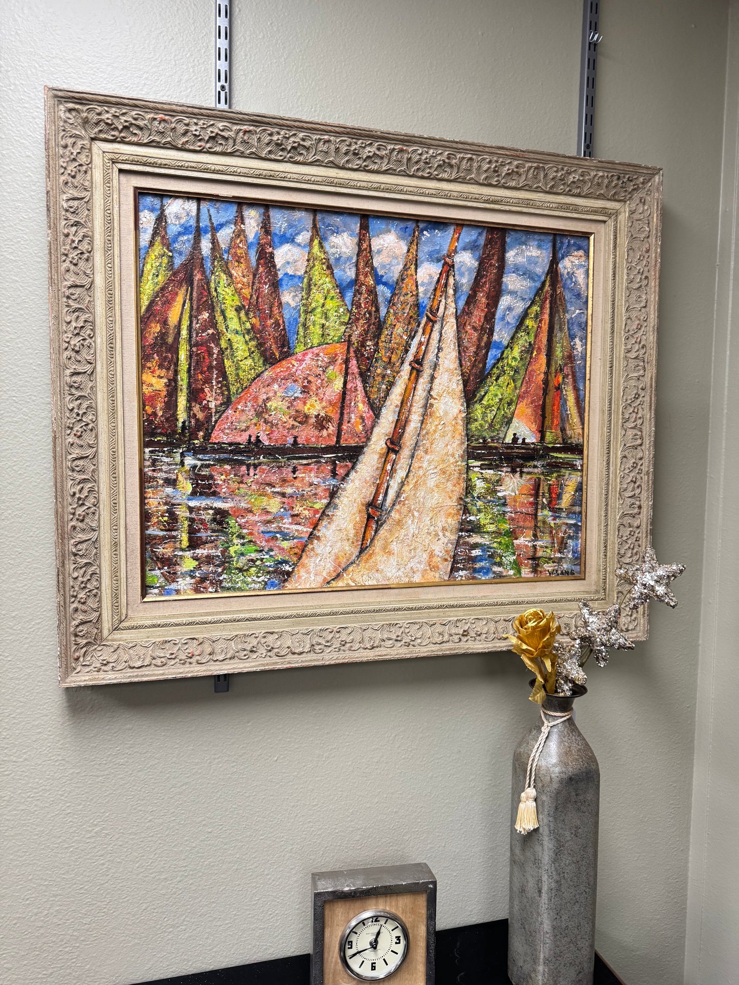 Vintage Sailboat Harbor Painting by W. Lang – Textured Impasto Seascape,