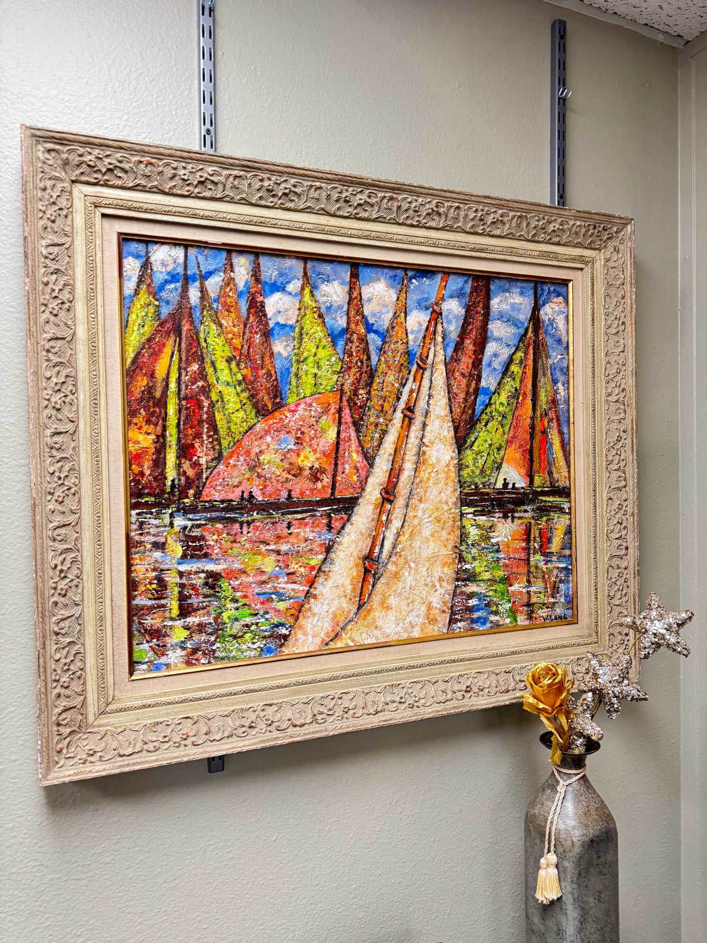 Vintage Sailboat Harbor Painting by W. Lang – Textured Impasto Seascape,