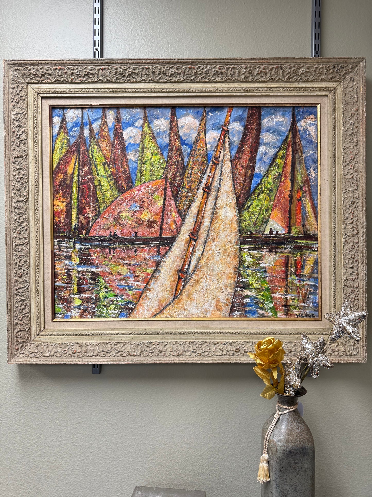 Vintage Sailboat Harbor Painting by W. Lang – Textured Impasto Seascape,
